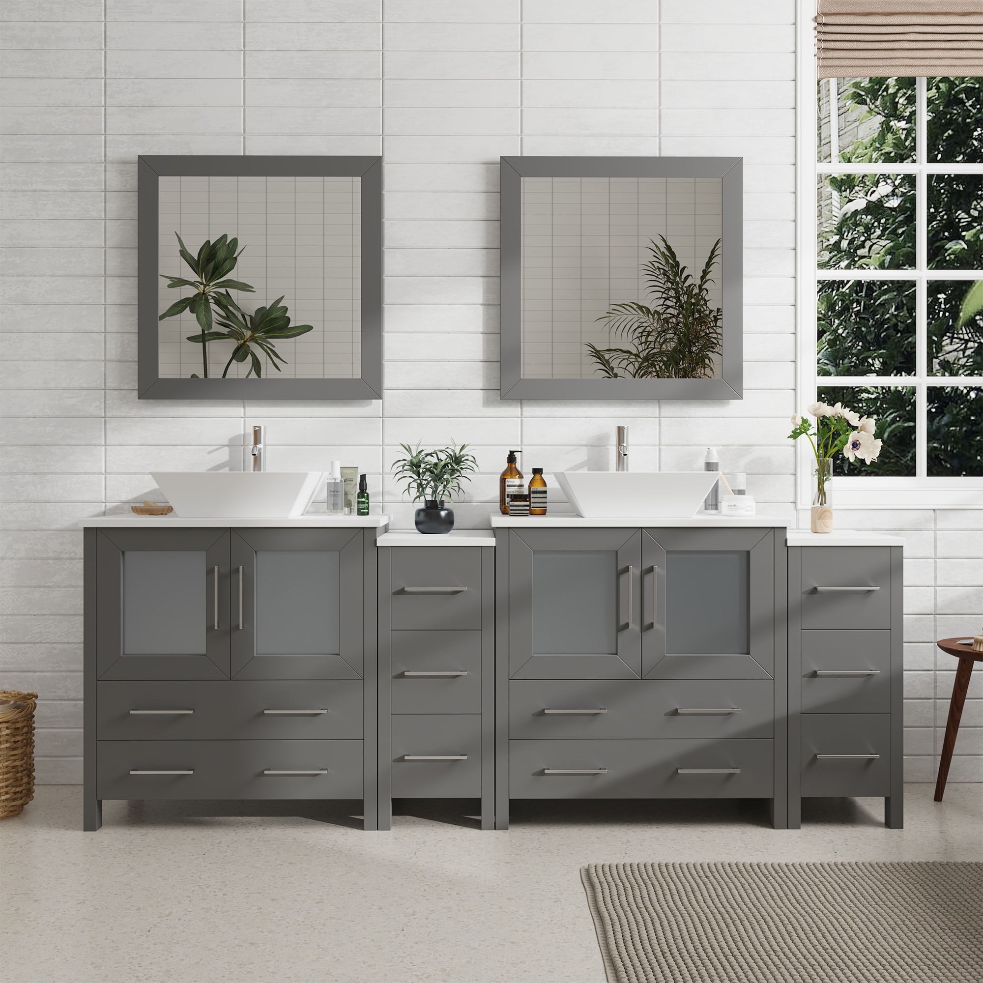Vanity Art VA3130-84G Ravenna 84-in Grey Double sink Bathroom Vanity with White Engineered marble Top (Mirror Included)