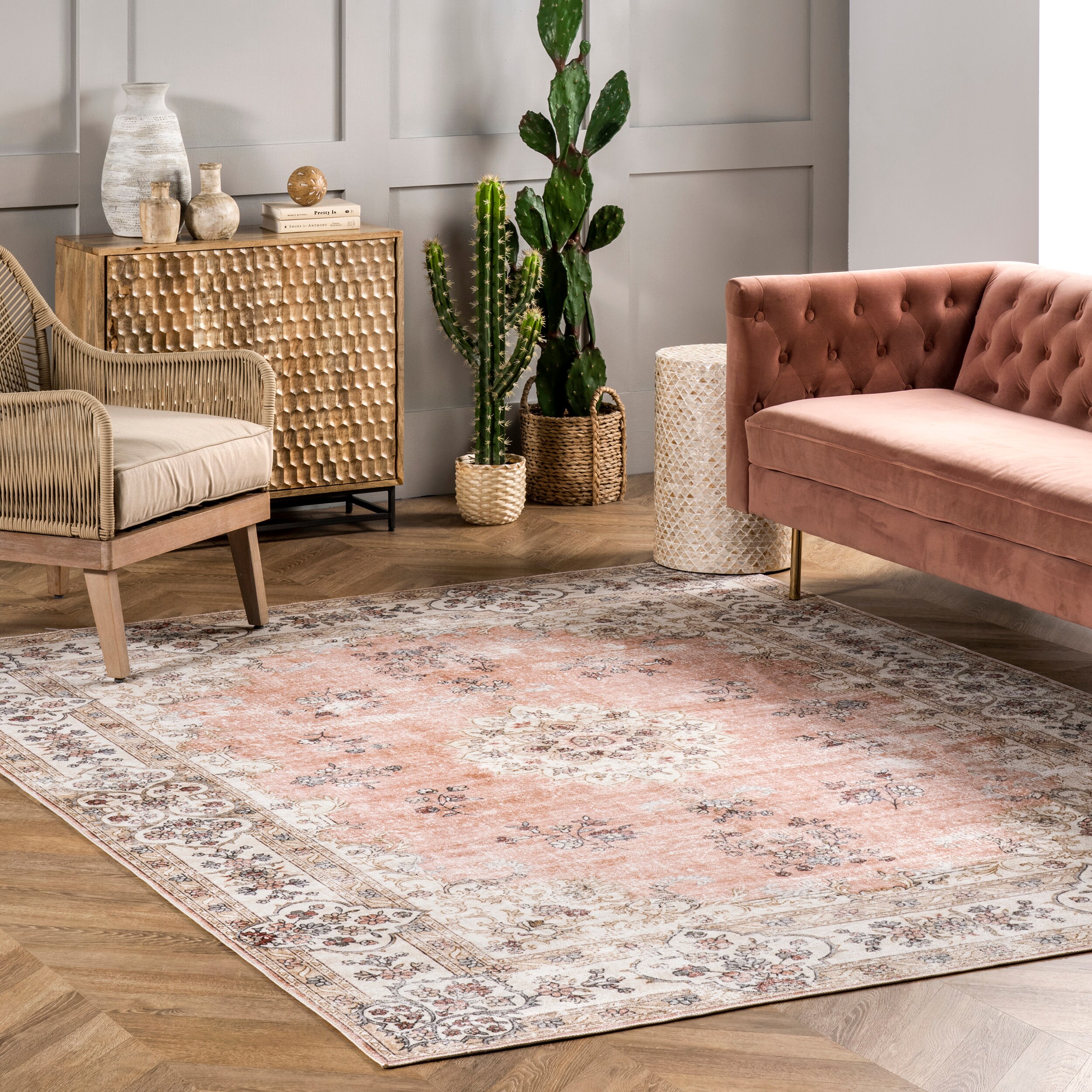 Peach Floral Synthetic Washable Reversible Area Rug