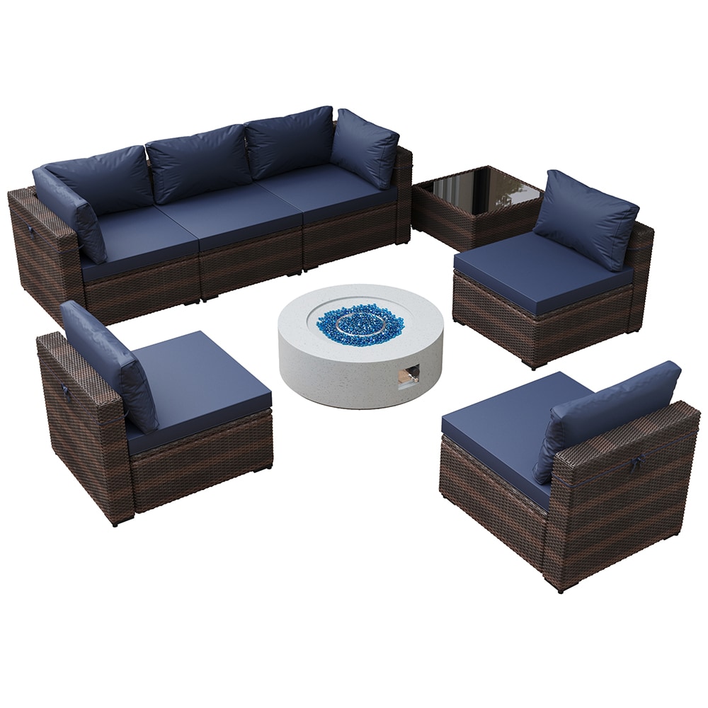 Patio Watcher SF123-N28YX 8 -Piece Wicker Patio Sofa Conversation Set with Blue Cushions