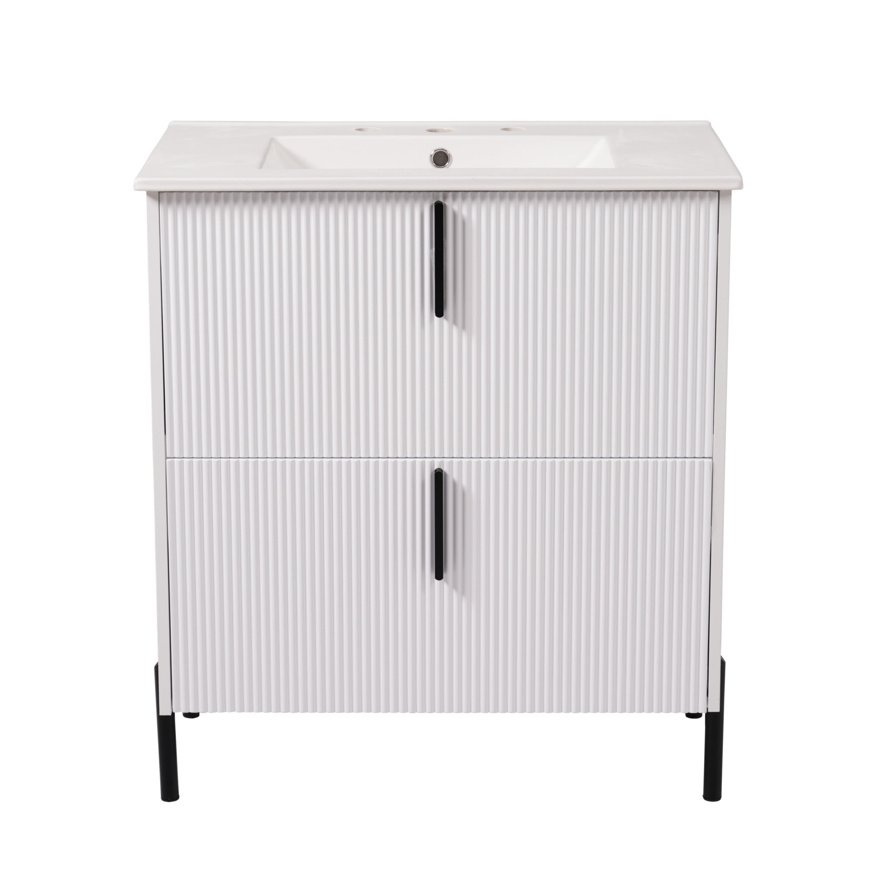 Vynxaria LEXY1416-DJYS-SZT186 30 Inch Bright White Fluted Bathroom Vanity with Ceramic Sink One Single Unit Solid Wood Cabinet Two Full Extension Soft Close Drawers