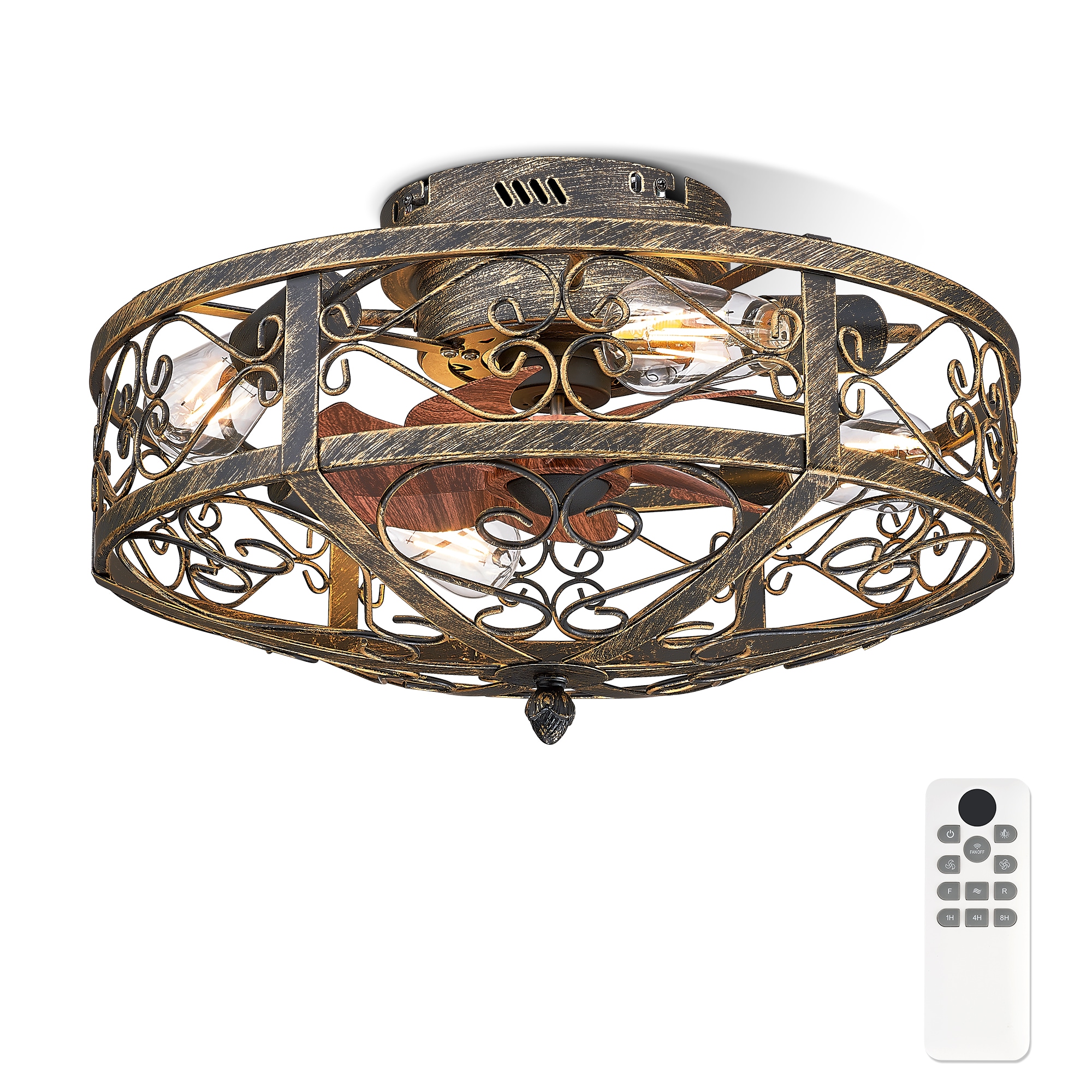 LTMATE LT-DCF204-BKG20-LS JAZAVA 19.7-in Flush Mount Black with hydrographic printing Blades Cage Ceiling Fan With Light - Remote Included ( 7 -Blade )