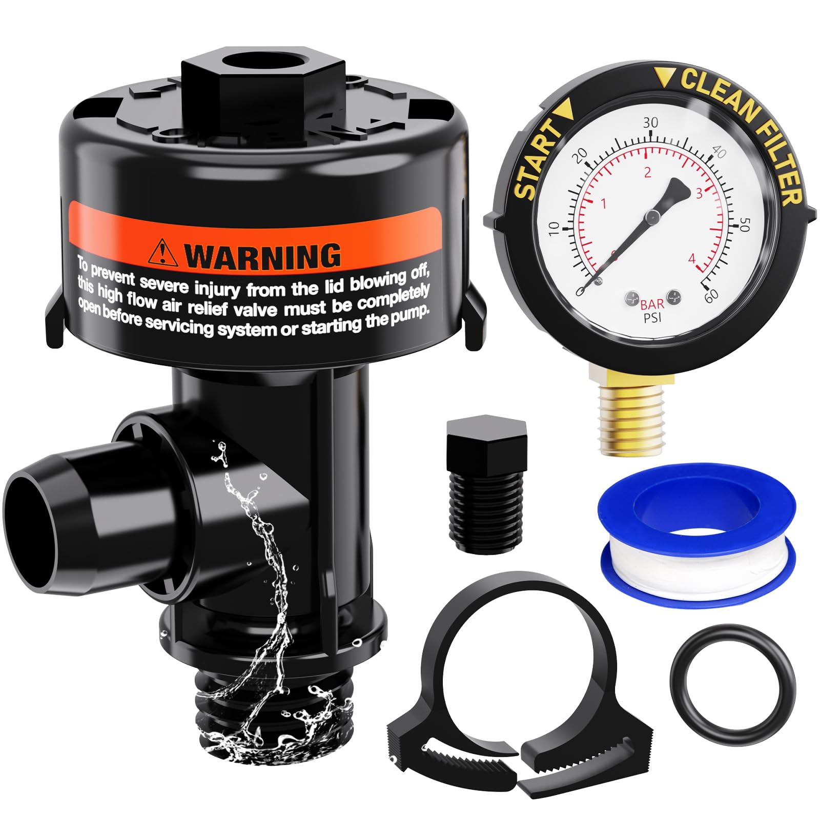 AKSCYZM  Manual Air Relief Valve Kit for Pool and Spa Filters with Pressure Gauge O Rings Clips and Gauge Plug Compatible with Filter Models High