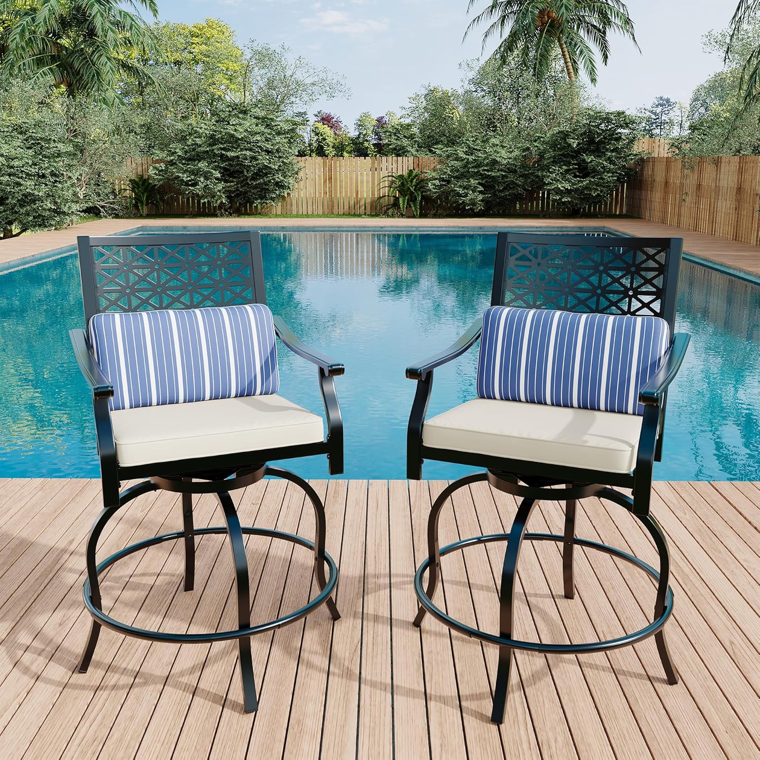Qeetex LHF-HW-PPG-334L9B38 Outdoor Swivel Bar Stools Counter Height with Blue Cushion 2PCS Patio Bar Stools with Armrest and Back Tall Outdoor Swivel BarStools for Backyard
