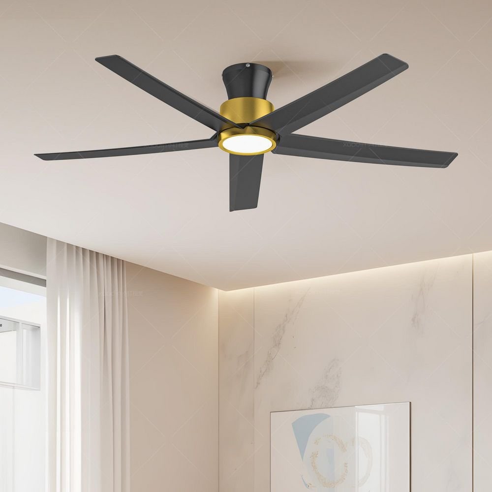 TALOYA 52-in Modern Matte Black and Gold Flush Mount Ceiling Fan with Integrated Dimmable LED Light Remote Control Included Reversible DC Motor 5 ABS Blades for Bedrooms Living Rooms and Covered Patios