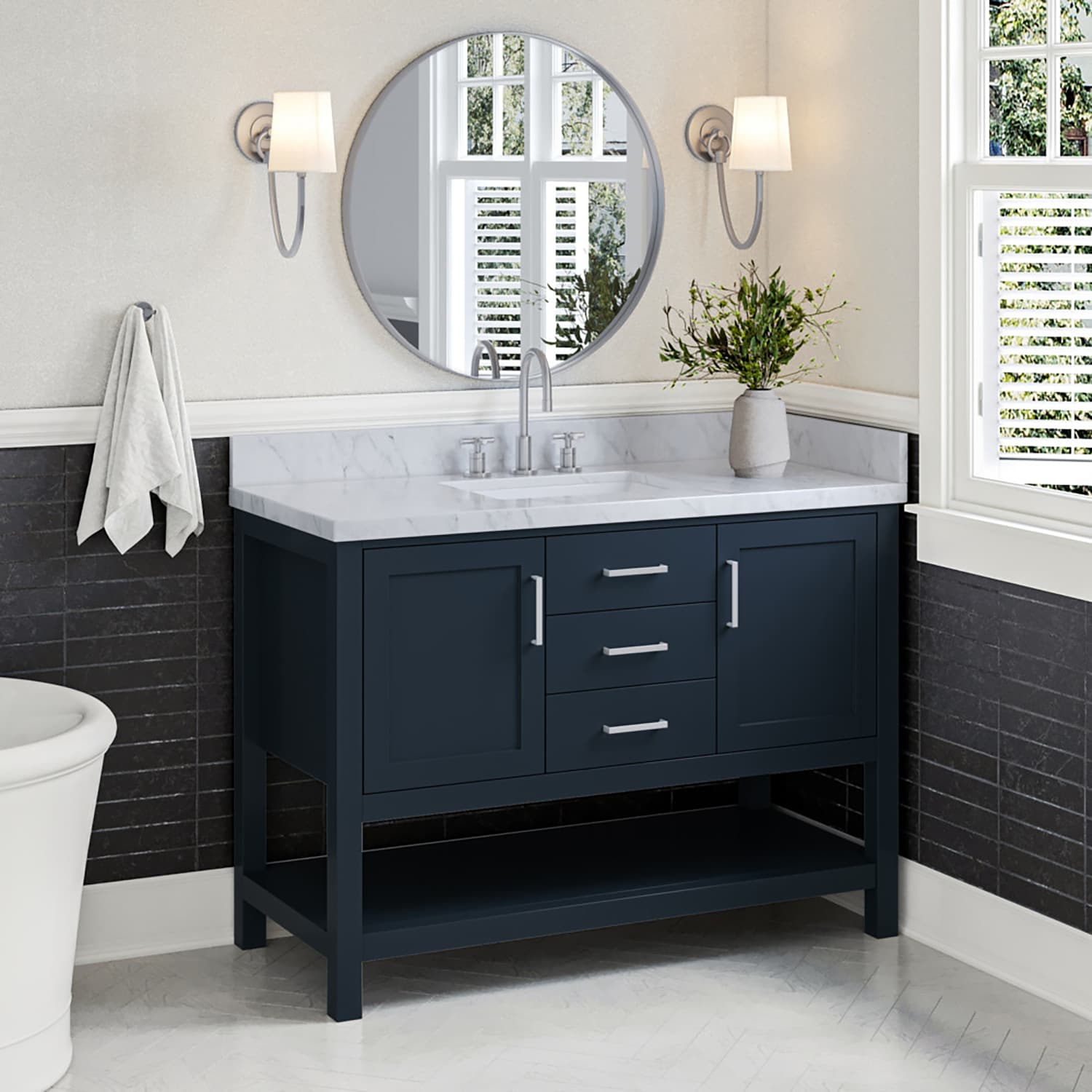 ARIEL R049SCWRVOMNB Bayhill 49-in Midnight Blue Undermount Single sink Bathroom Vanity with Carrara White Marble Marble Top