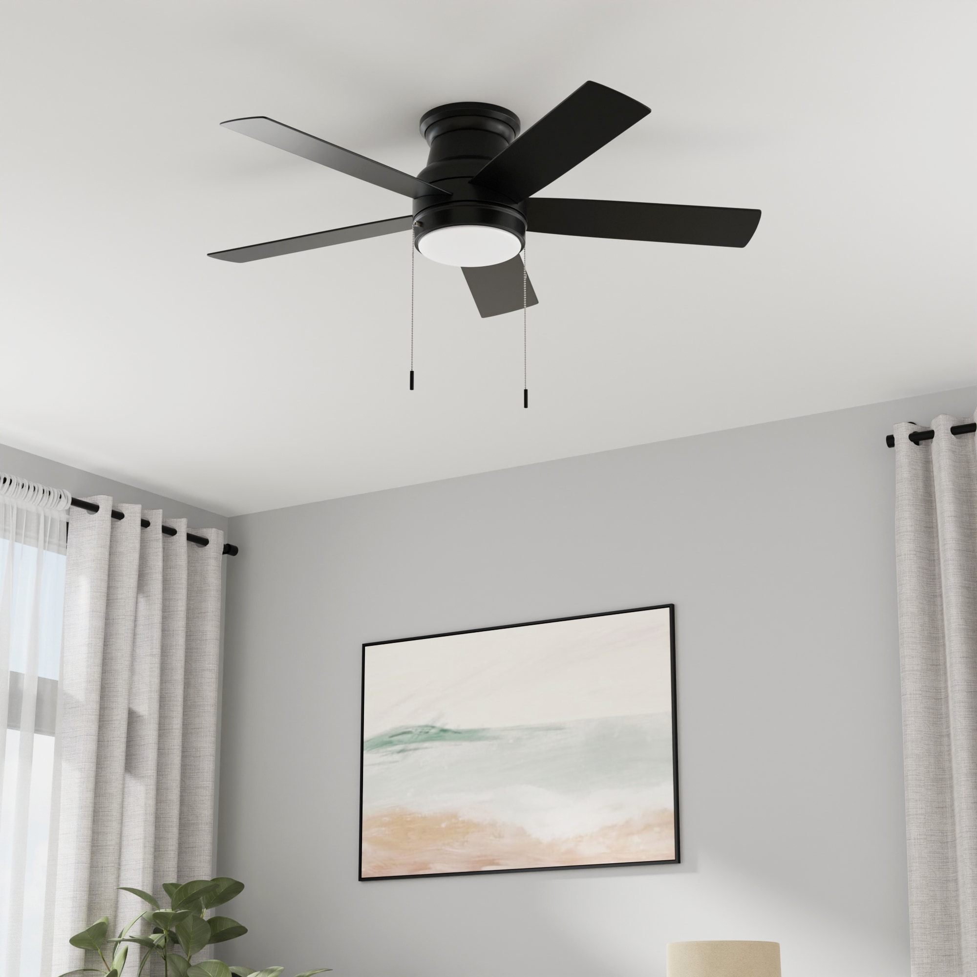 Harbor Breeze Calverton Easy2Hang 44-in Matte Black with Matte Blades LED Flush Mount Ceiling Fan With Light and Pull Chain Included 5 -Blade