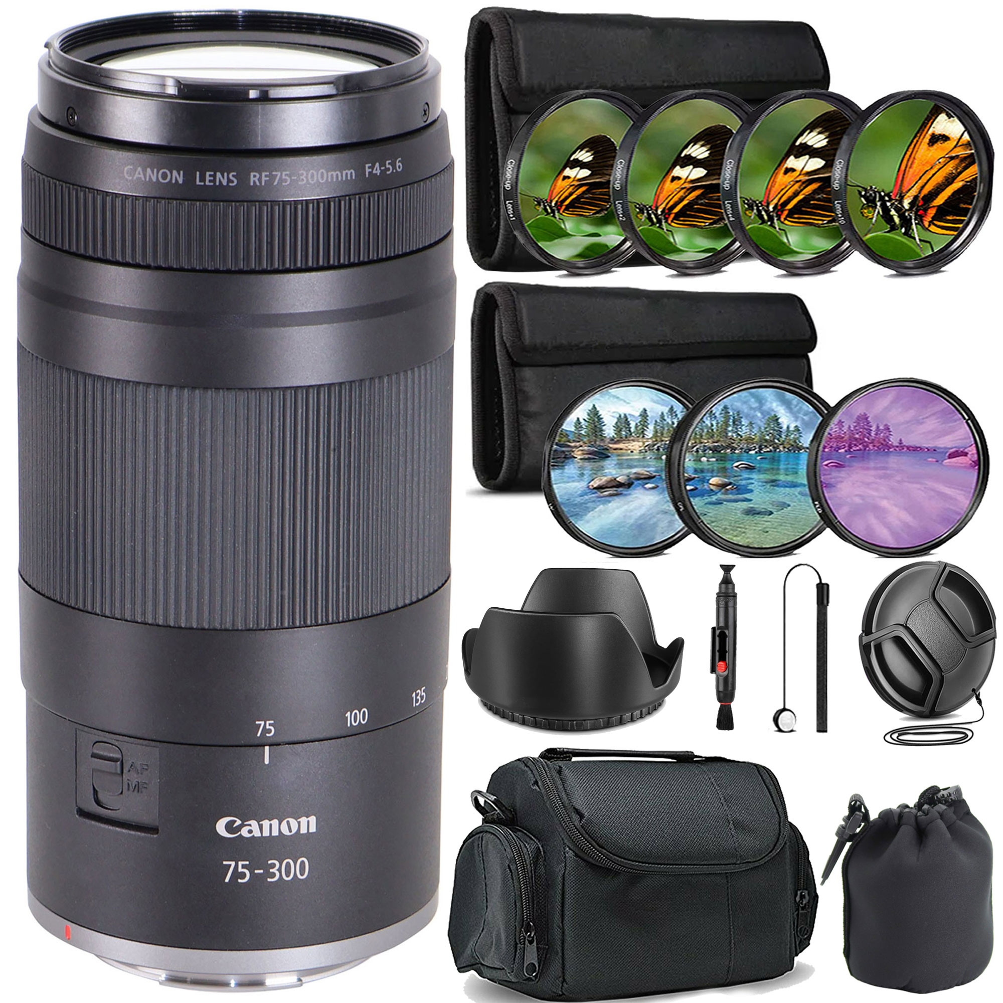 Canon  RF 75 300mm f 4 5 6 Lens  RF 58mm 1 2 4 10 Close Up Macro Diopter Filter Set 58mm Filter Kit 58mm Snap On Lens Cap 58mm Tulip Lens Hood Lens Cap Holder Camera Case Waterproof Neoprene Lens Pouch Lens Cleaning Pen