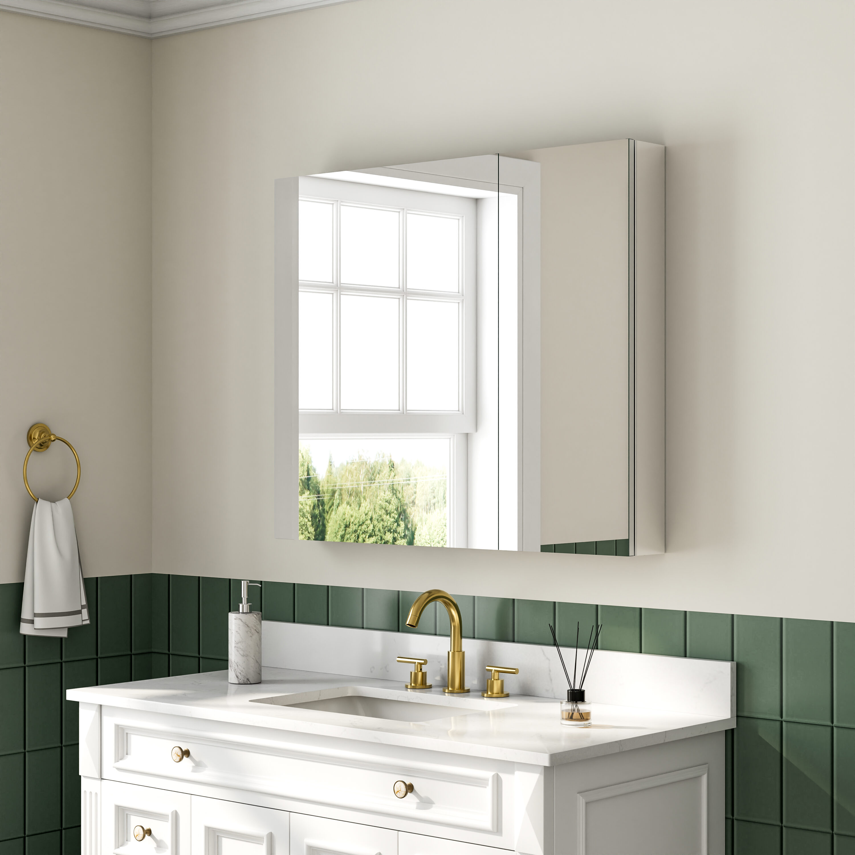 CALVON 36-in x 30-in Surface/Recessed Mount Chrome Mirrored Rectangle Soft Close Medicine Cabinet