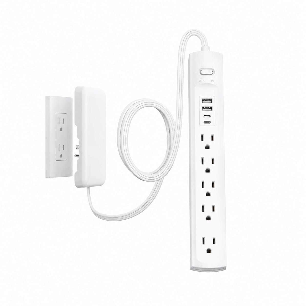 ITOPFOX  Flat Plug Power Strip with 10ft Cord 5 Outlets 4 USB Ports 1440J Surge Protector White Flat Wall Plug Extension Cord for Home Office