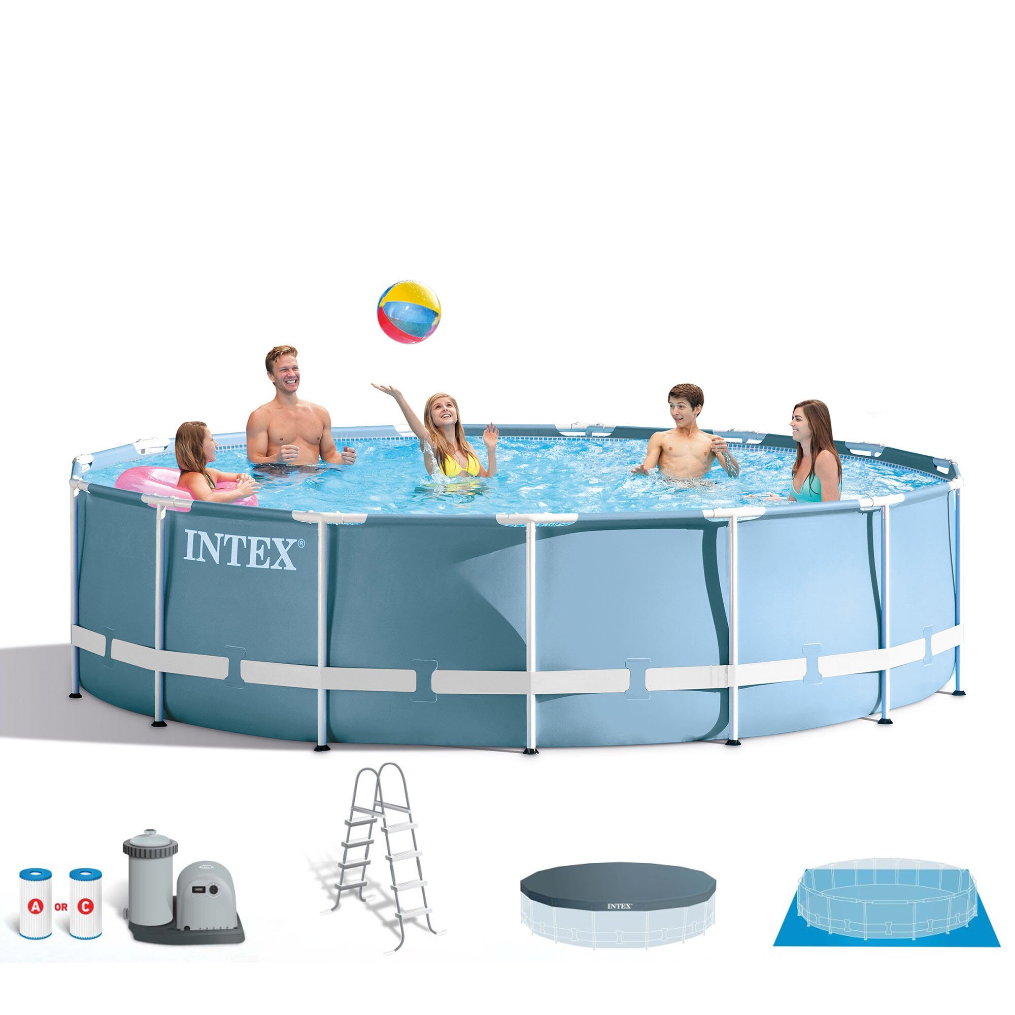 Intex 77499 18-ft x 18-ft x 48-in Metal Frame Round Above-Ground Pool with Filter Pump,Ground Cloth,Pool Cover and Ladder