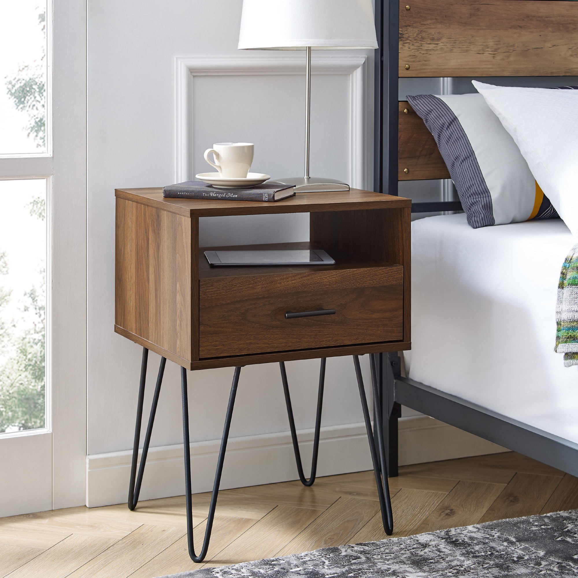 Walker Edison LWF18CRFSTDW 17.75-Inches W x 25.25-Inches H Dark Walnut Composite Square Modern End Table with Storage Assembly Required