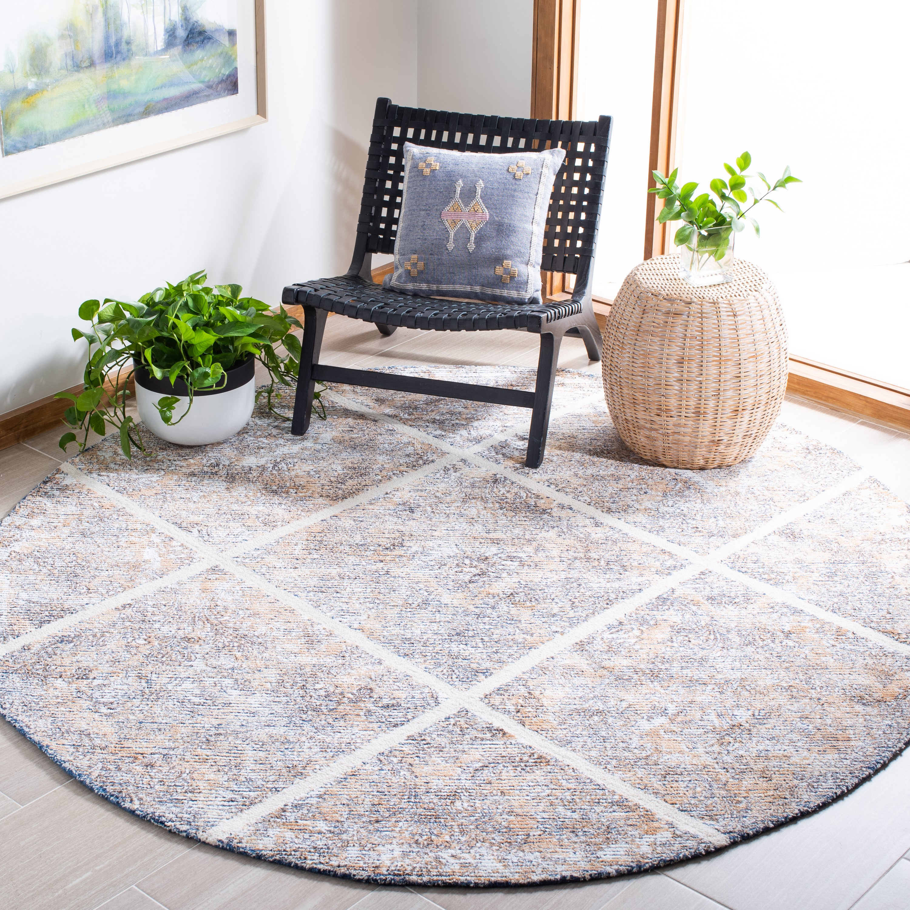 Ivory and Gold Hand-Tufted Wool Round Area Rug, 7' x 7'
