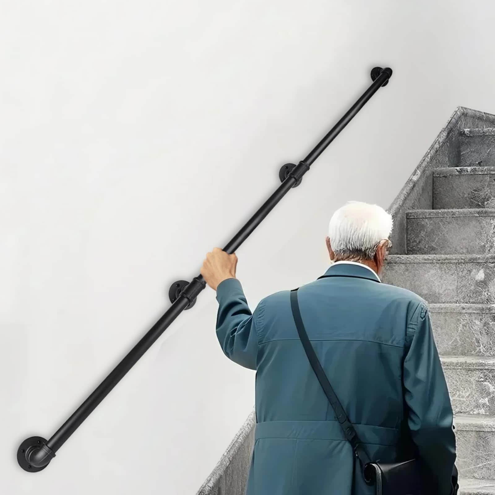 Aoibox  10 ft Black Metal Pipe Stair Railing 3 Piece Heavy Duty Wall Mounted Handrail for Indoor Outdoor Steps Porch Deck or Loft Easy Install