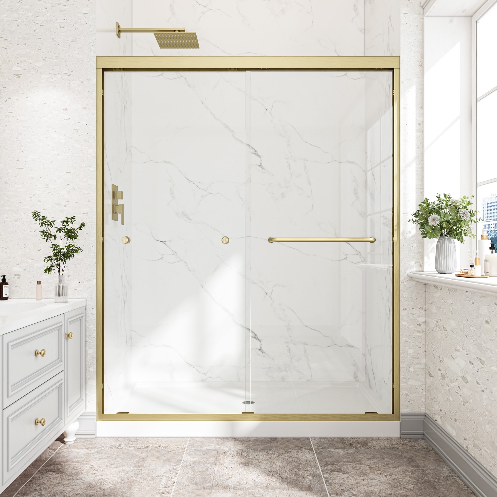 Huluwat 55-60 in W x 72 in H Brushed Gold Reversible Installation Double Bypass Sliding Shower Door Aluminium Alloy Frame 1/4 in 6MM Tempered Glass With Nano Explosion-proof Membrane Easy Installation