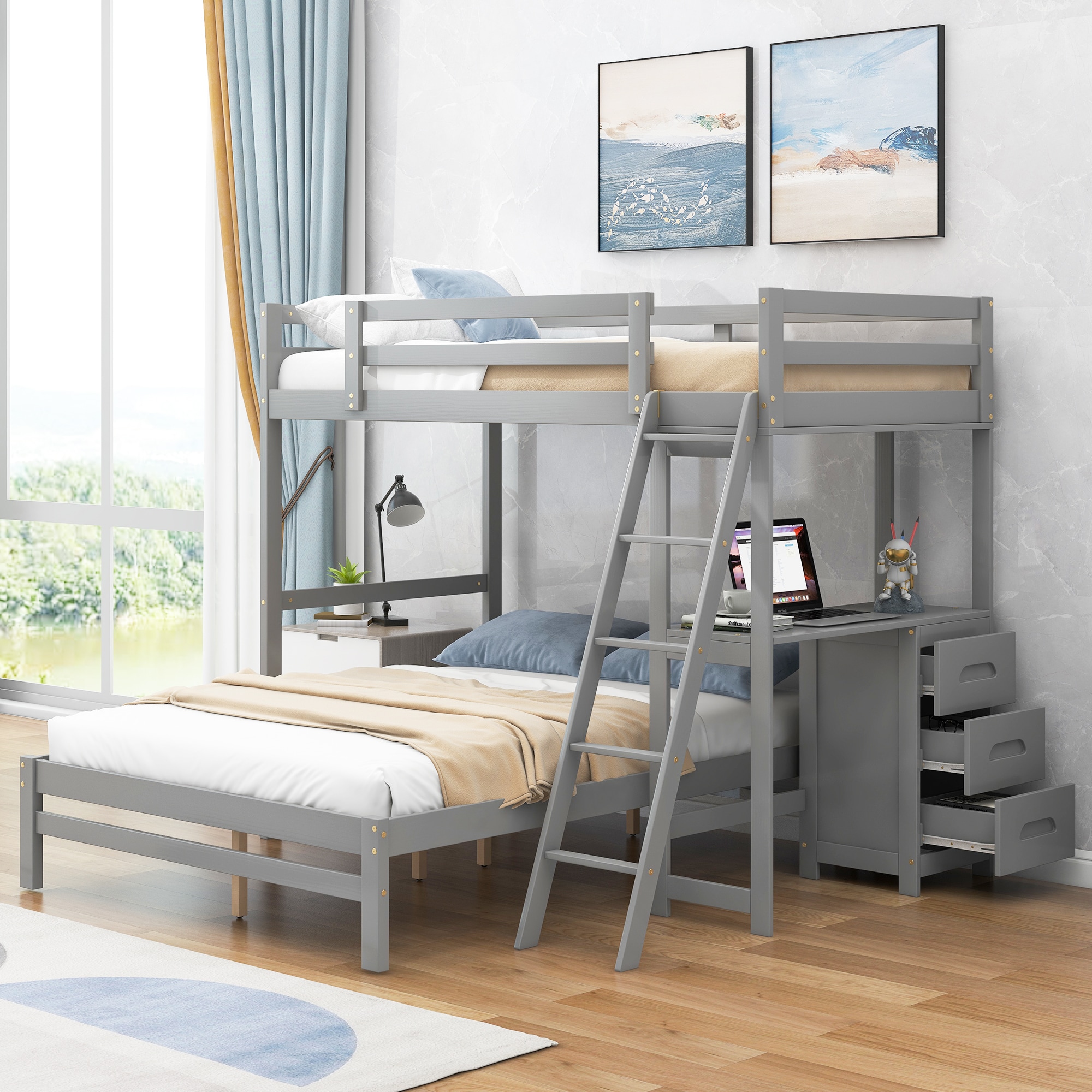 ModernLuxe GX000709AAE Twin over Full Bunk Bed with Builtin Desk and Three DrawersGrey