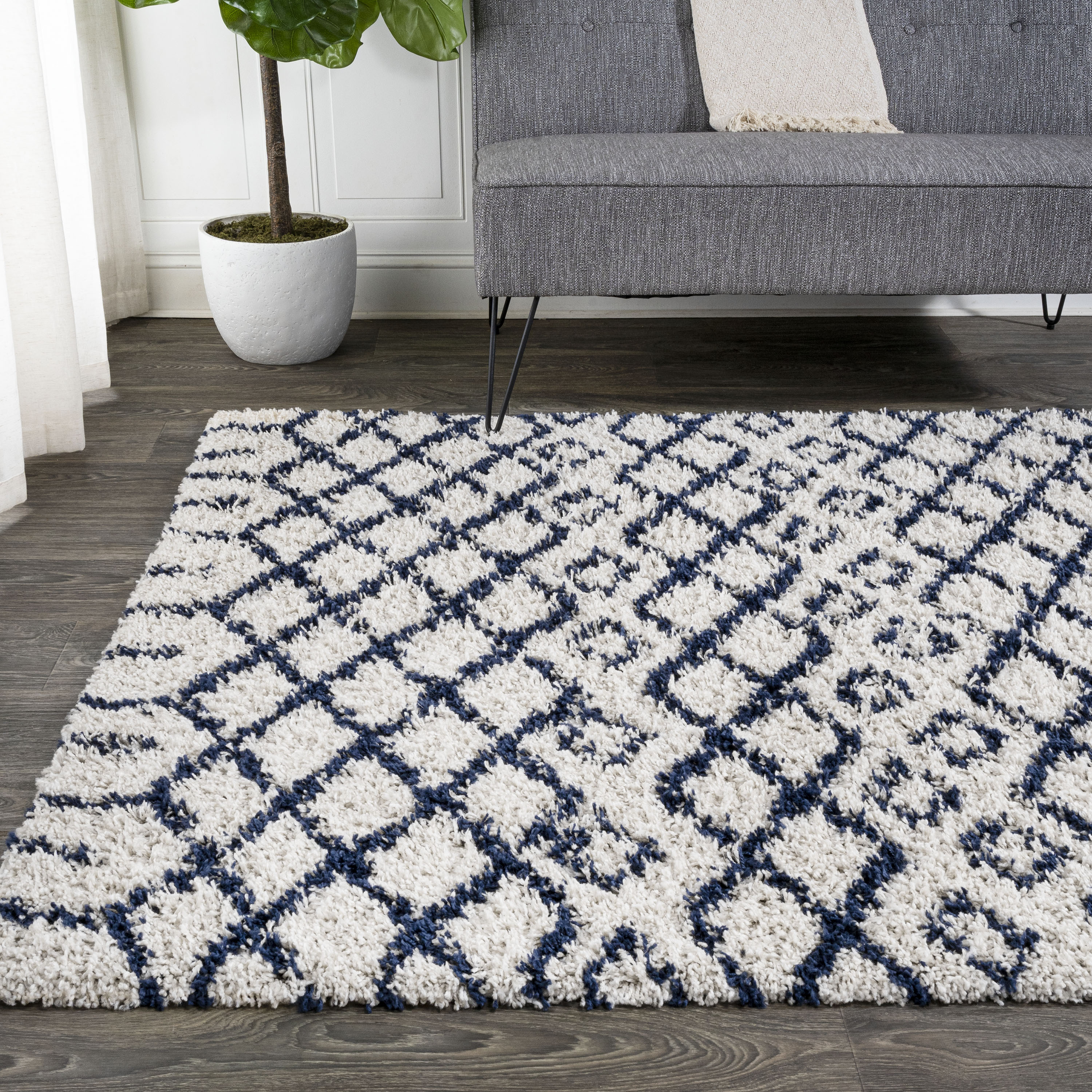 Ivory and Navy Moroccan Diamond Shag Area Rug