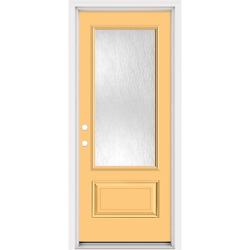 Masonite 321365 Steel Doors Series 32-in x 80-in x 4-9/16-in Steel 3/4 lite Right-hand inswing Cabana Yellow Painted Prehung Front Door with Brickmould Insulating core