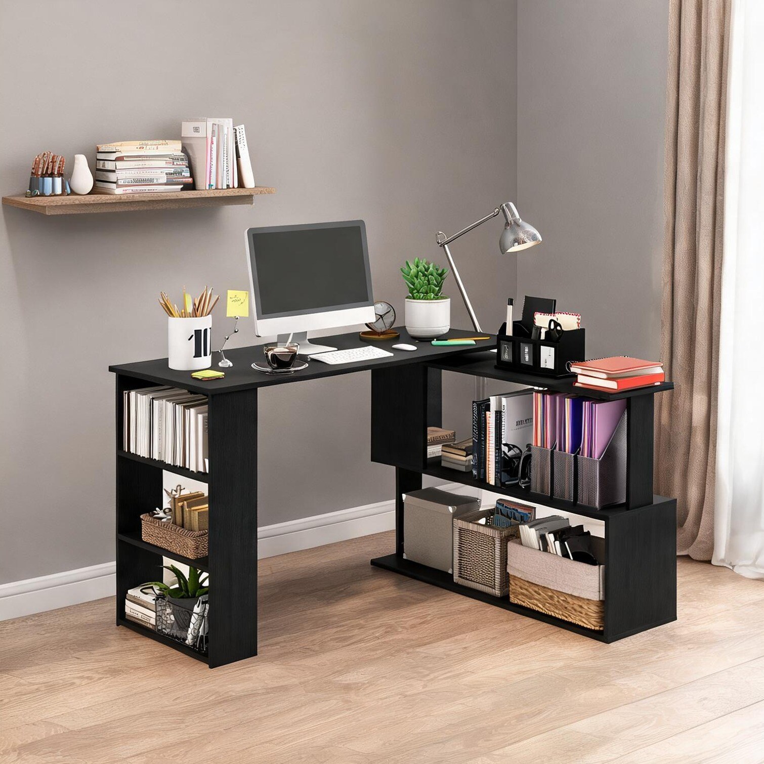 Watnature L-Shaped Rotating Home Office Desk with Storage Shelves Jet ...