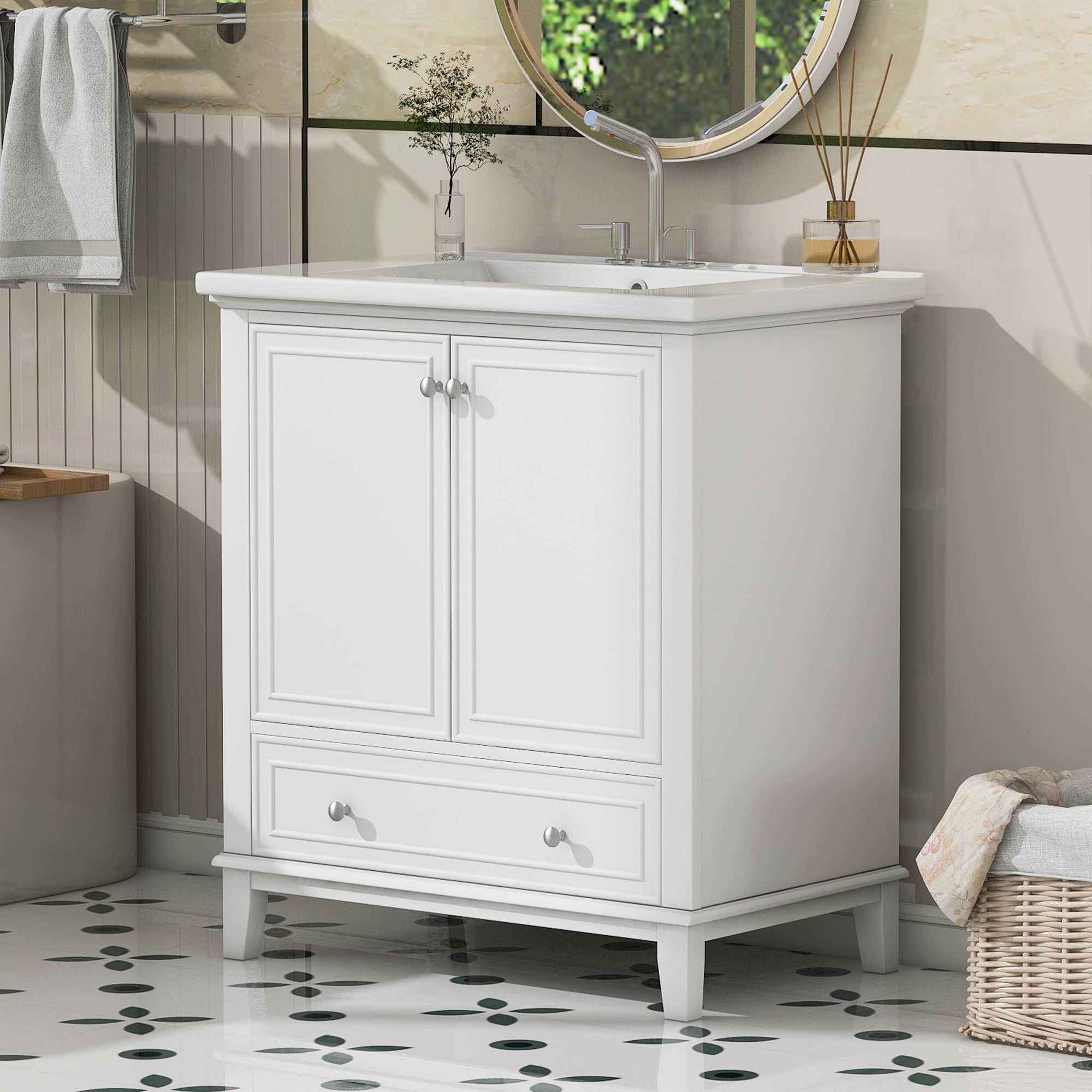 WELLFOR NIE-N7VT05W 30-in White Undermount Single Sink Bathroom Vanity with White Ceramic Top