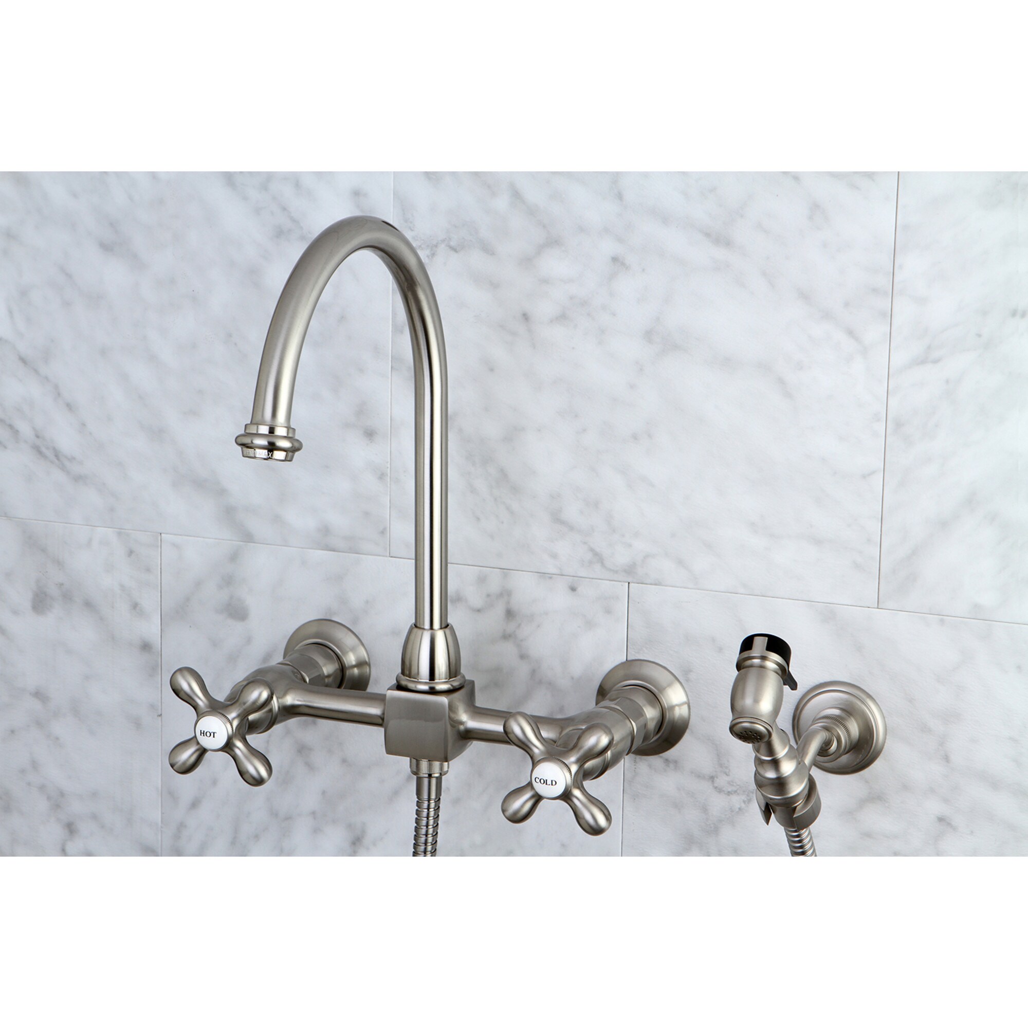 Kingston Brass WLKS1298AXBS Restoration Brushed nickel Double Handle Wall-mount Kitchen Faucet with Sprayer ( Side Sprayer Included )