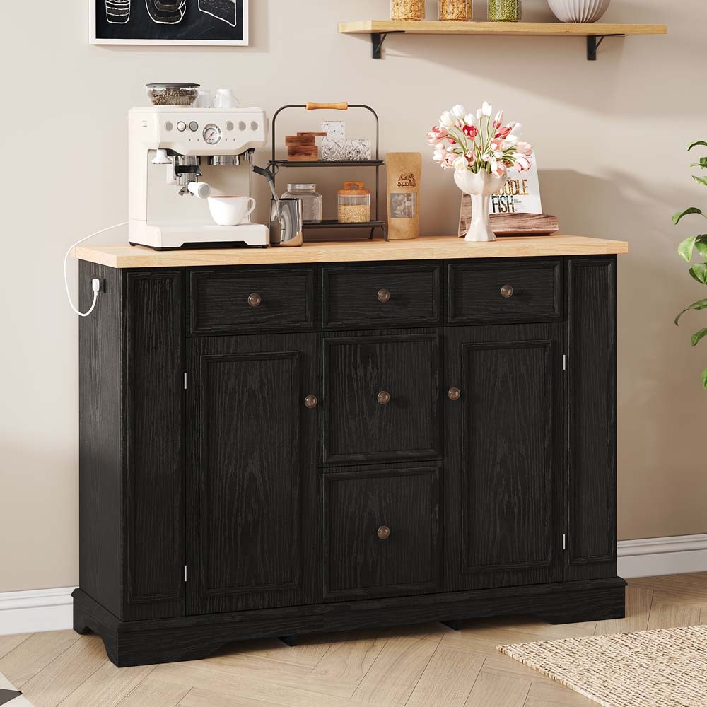 SereneVita 51.2 inch Kitchen Sideboard Buffet Cabinet with Storage Mid Century Modern Accent Cabinet with 5 Drawers and Adjustable Shelves Coffee Bar Cabinet for Living Room Black