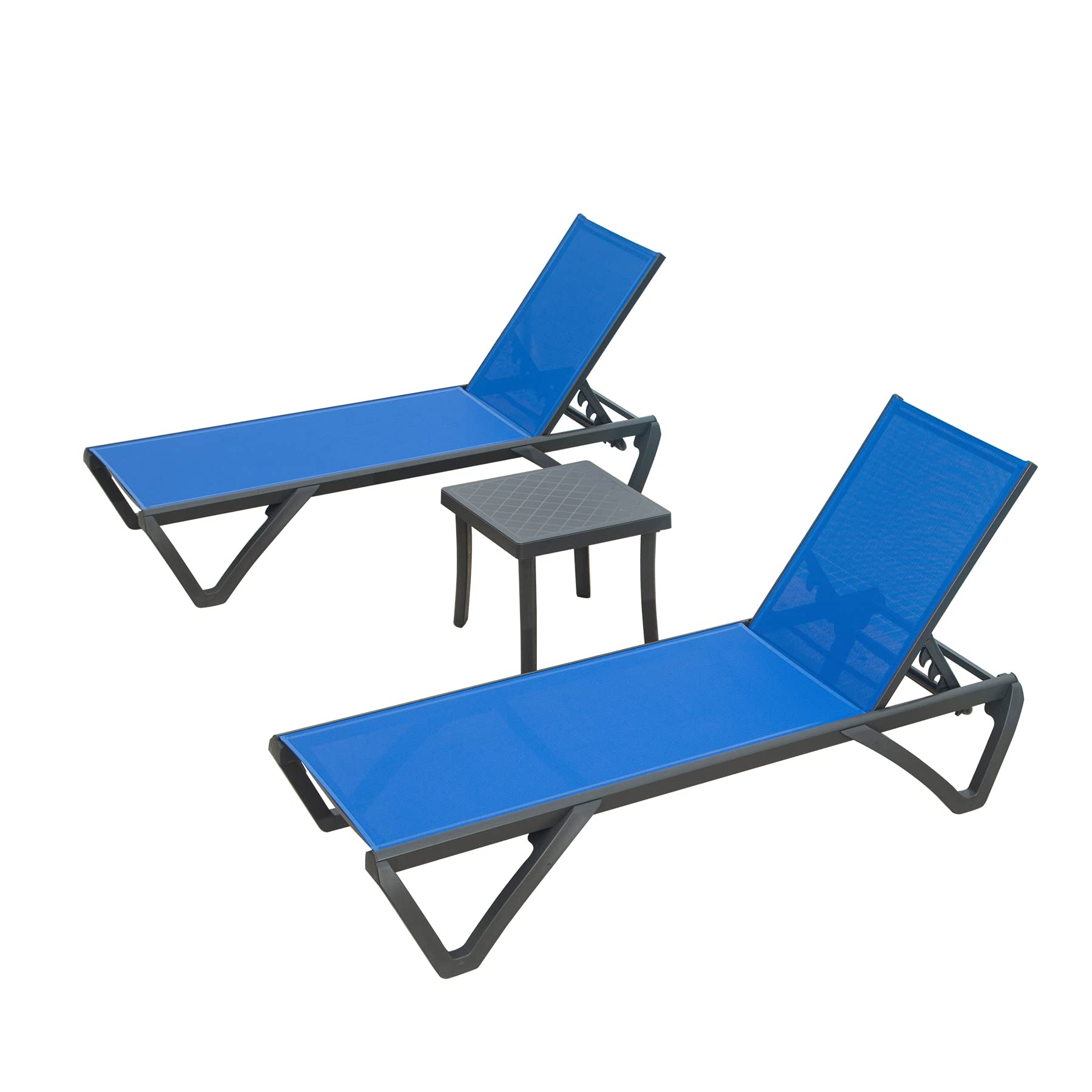 Forclover MOMNCPLCH07BL Set of 3 Adjustable Back Lounge Chair with Side Table Set of 2 Black Metal Frame Stationary Chaise Lounge Chair with Blue Solid Seat