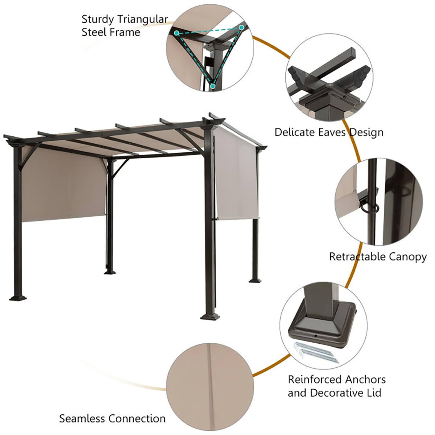 Beige 10' x 10' Metal Frame Patio Gazebo with Retractable Canopy