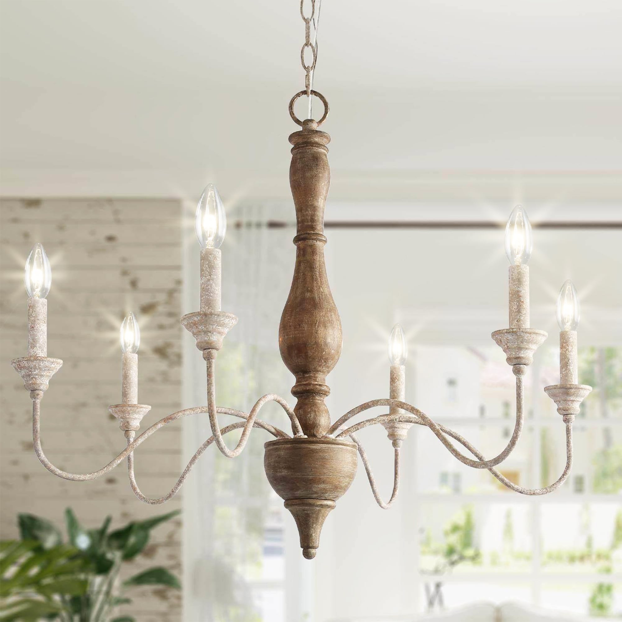 LNC VQEZBNLWS3472B6 Andromeda 6 -Light Distressed White Farmhouse Bare bulb Wood For Use in Bedrooms, Dining Rooms, Foyers, Kitchens, Living Rooms Chandelier