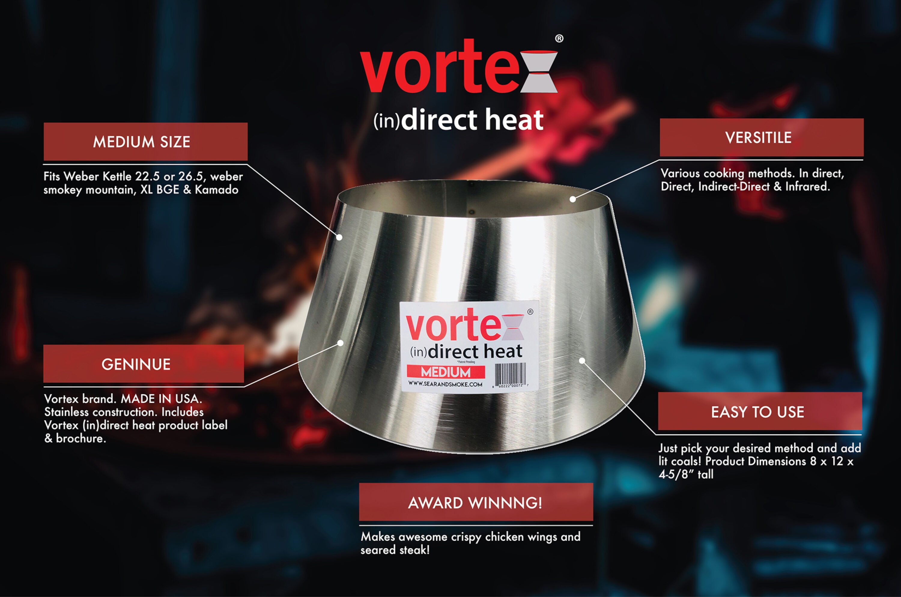 Vortex Small (in) Direct Cooking Charcoal Grill BBQ Accessory Cone 18.5  22.5 for Weber Smokey Mountain WSM Small - Stainless - Original - USA Made