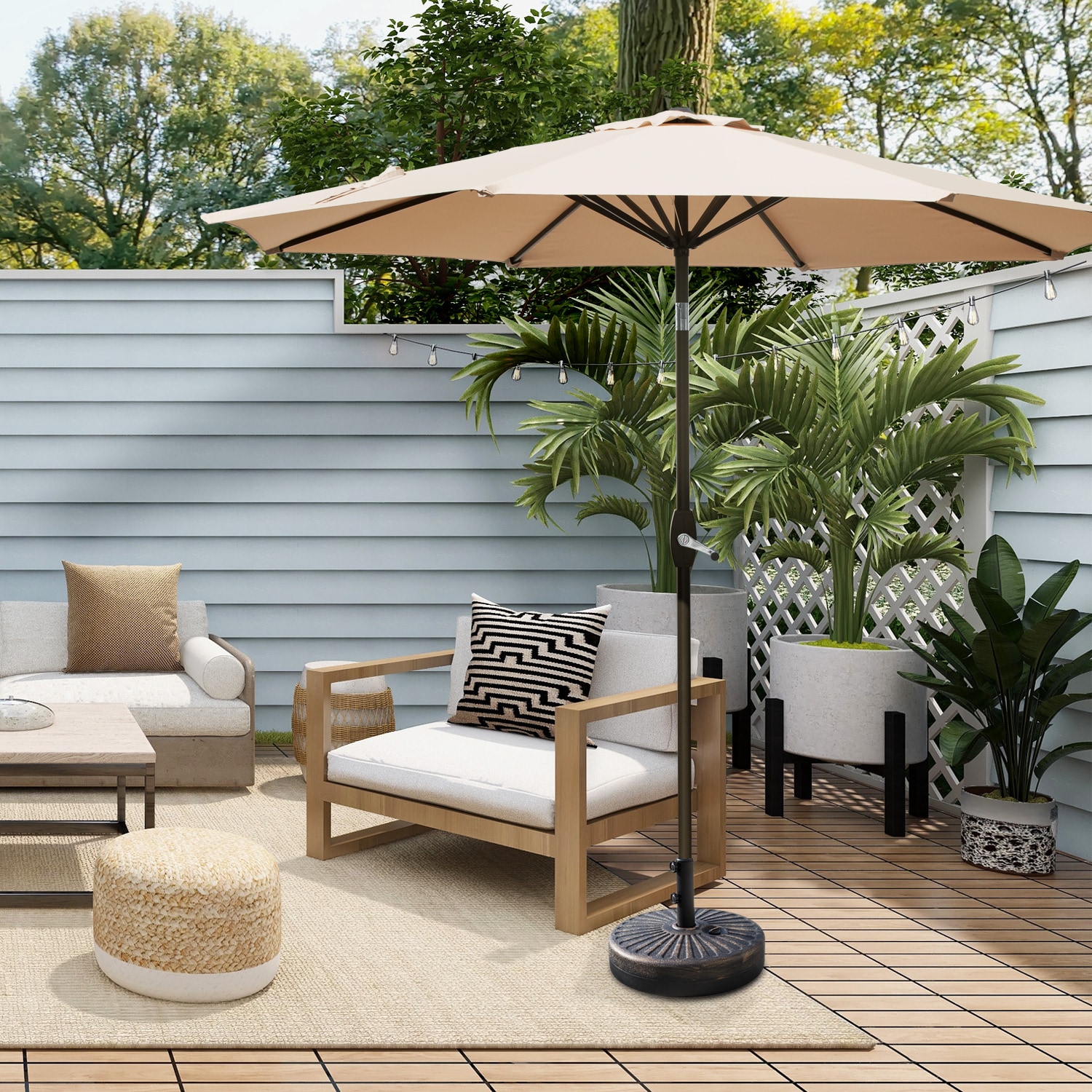 Beige 9 Ft Outdoor Patio Umbrella with Bronze Base