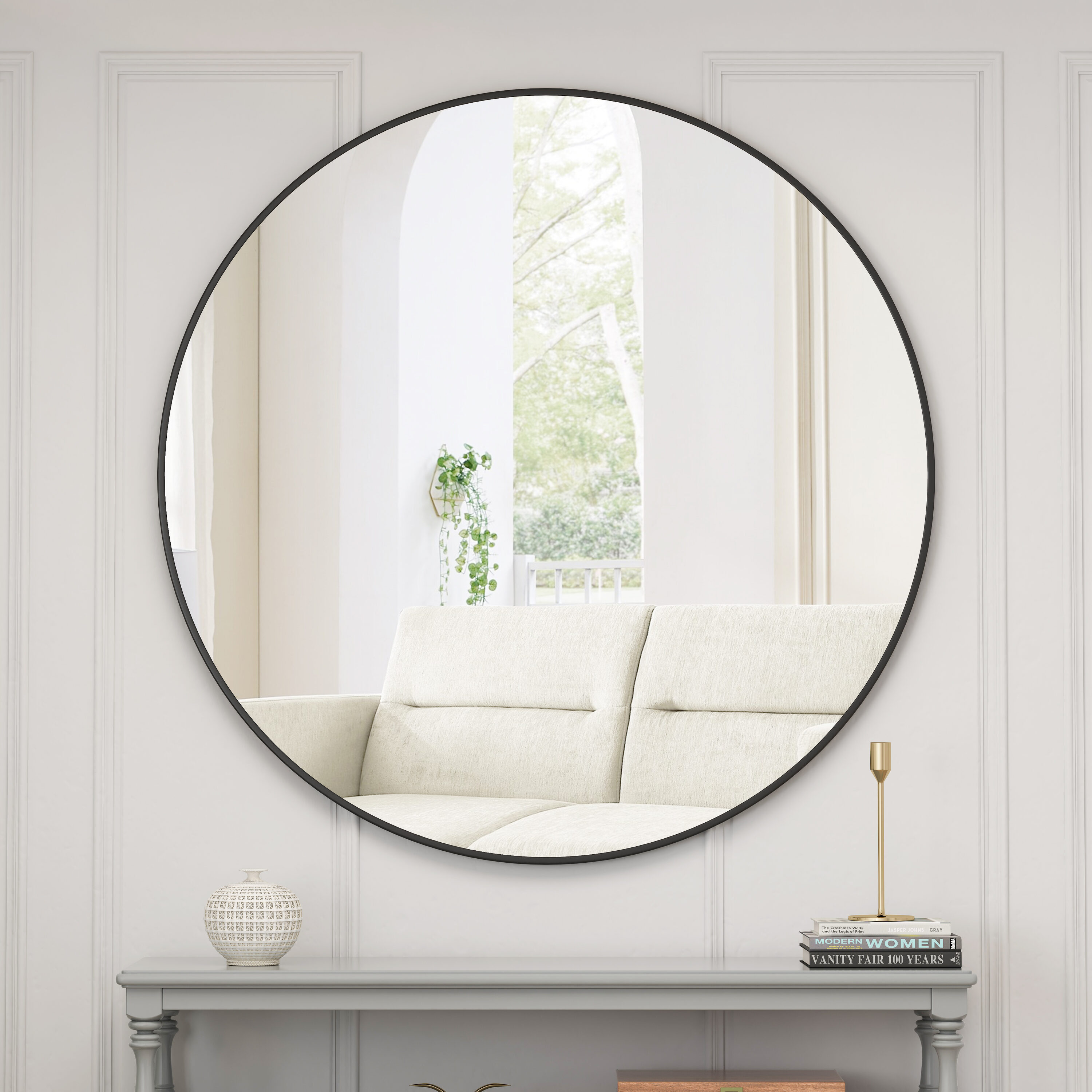 WELLFOR 39-inch Framed Bathroom Mirror 39-in W x 39-in H Black Round ...