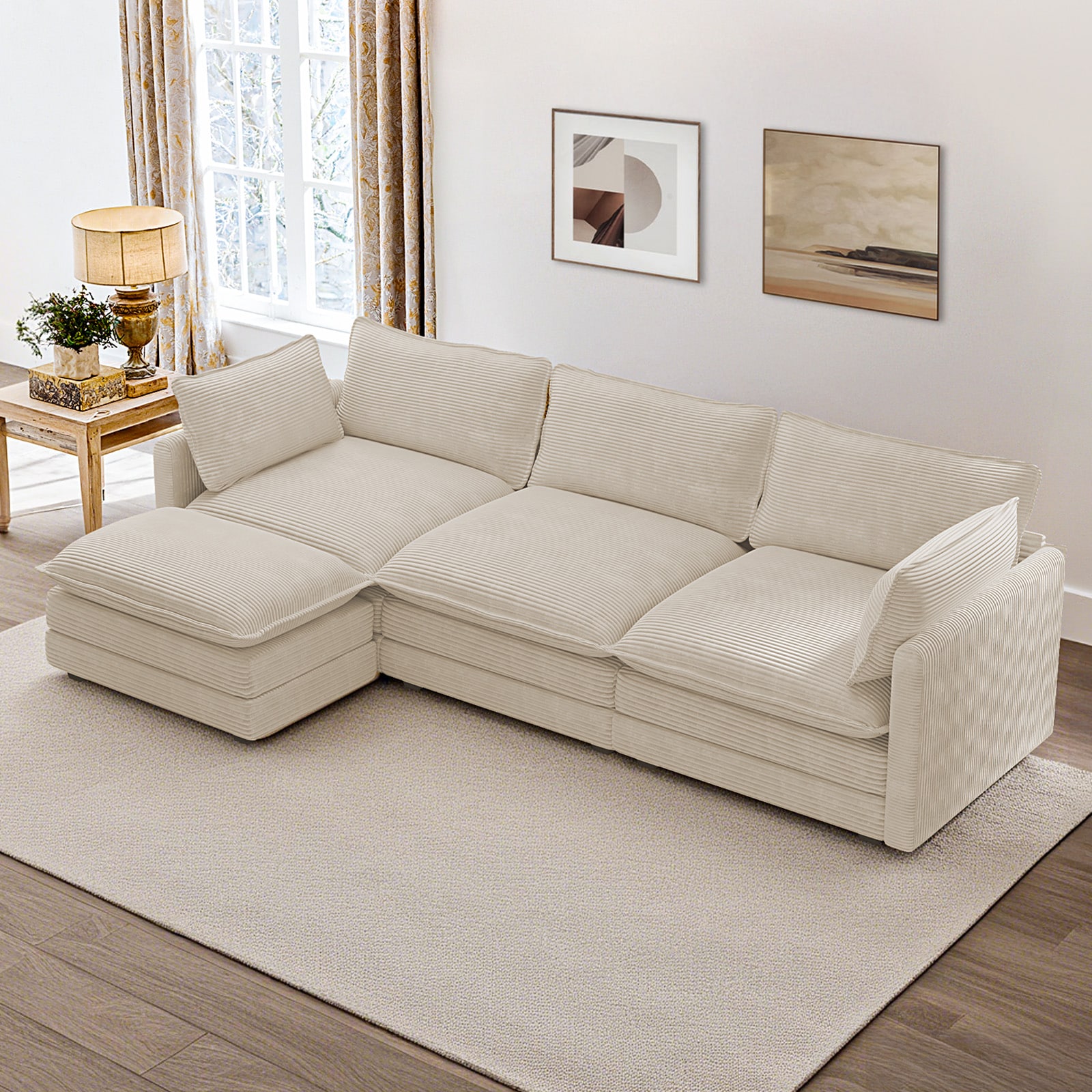VOUA SAF-MLTER-BE Oversized Modular Sectional Sofa with Movable Ottoman 112-in Casual Beige Microfiber 4 -seater Sectional