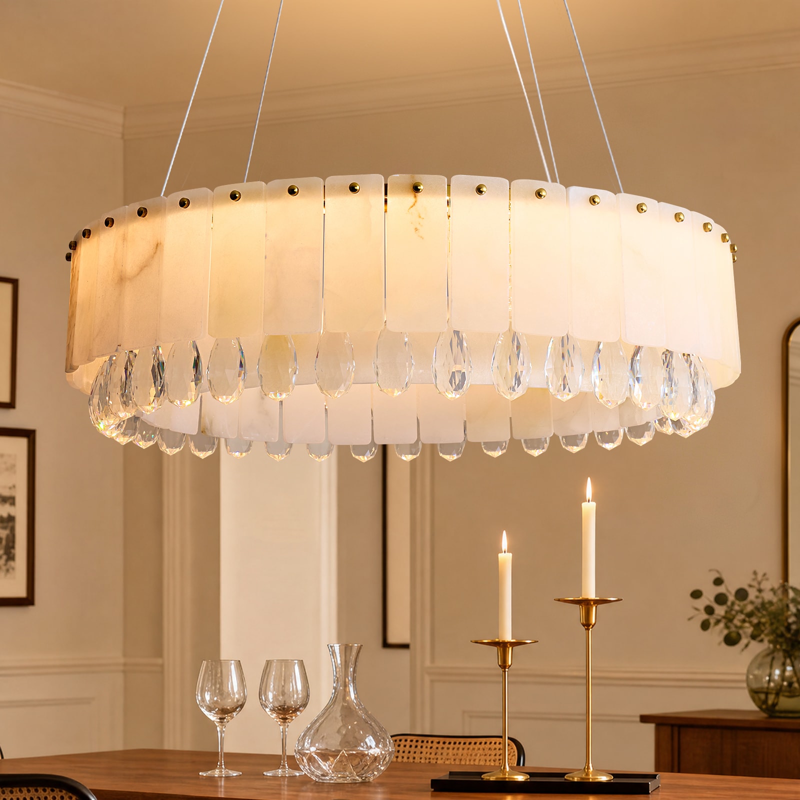 SILJOY 31.5-In Gold Natural Alabaster Crystal Chandelier Modern LED Ceiling Light 3 Color Changing Dimmable for Bedroom Living Room Dining Room Foyer