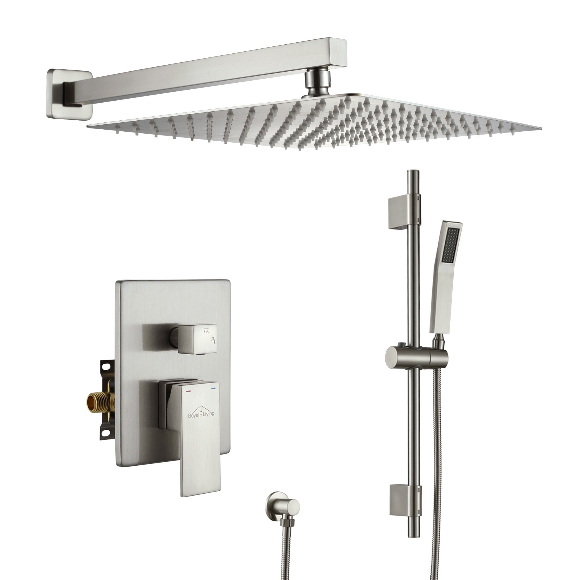 Boyel Living MS-A3808-12BN 1-Spray Patterns with 2.5 GPM 12 in. Wall Mount Dual Shower Heads with Pressure Balance Valve in Brushed Nickel