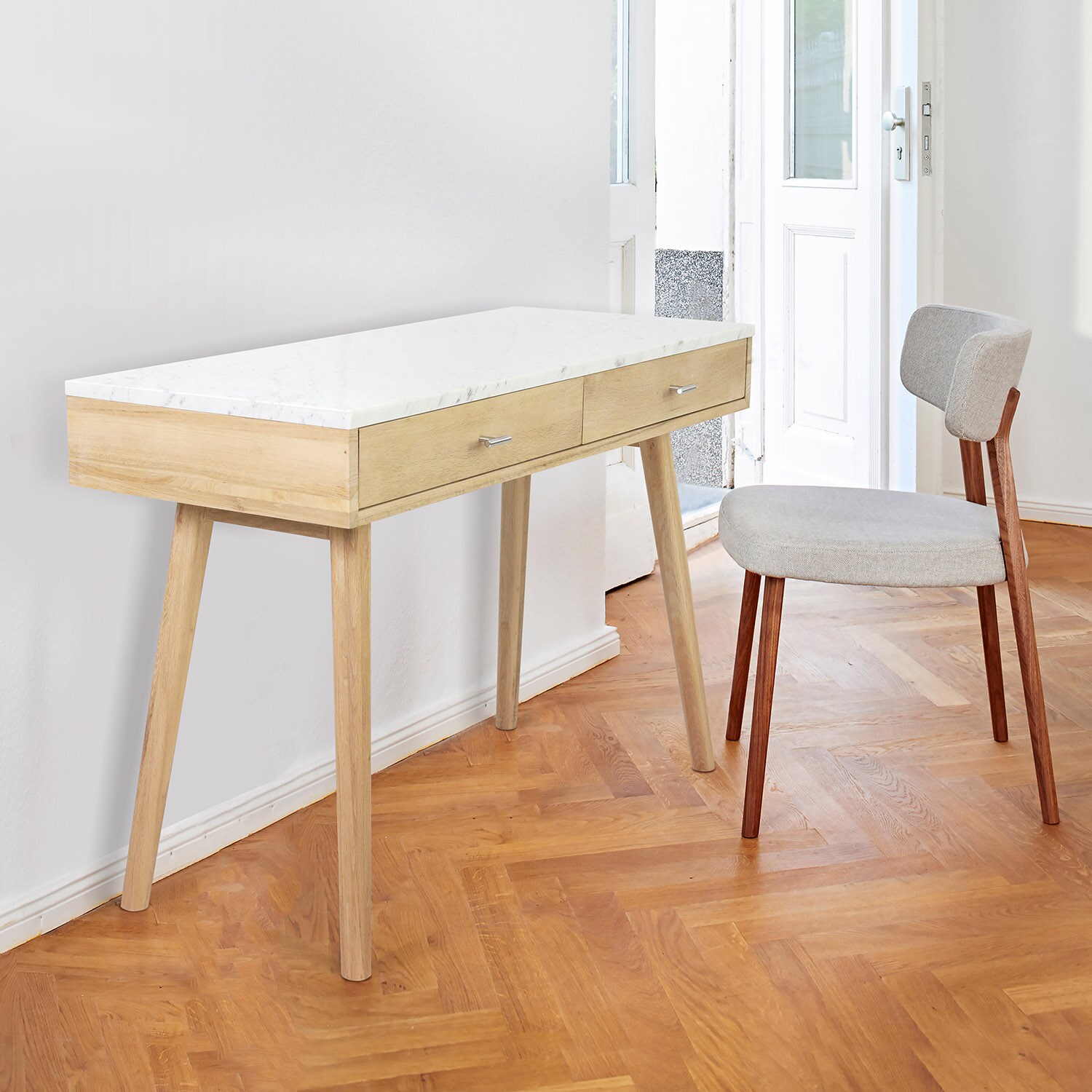 white desk with light wood legs