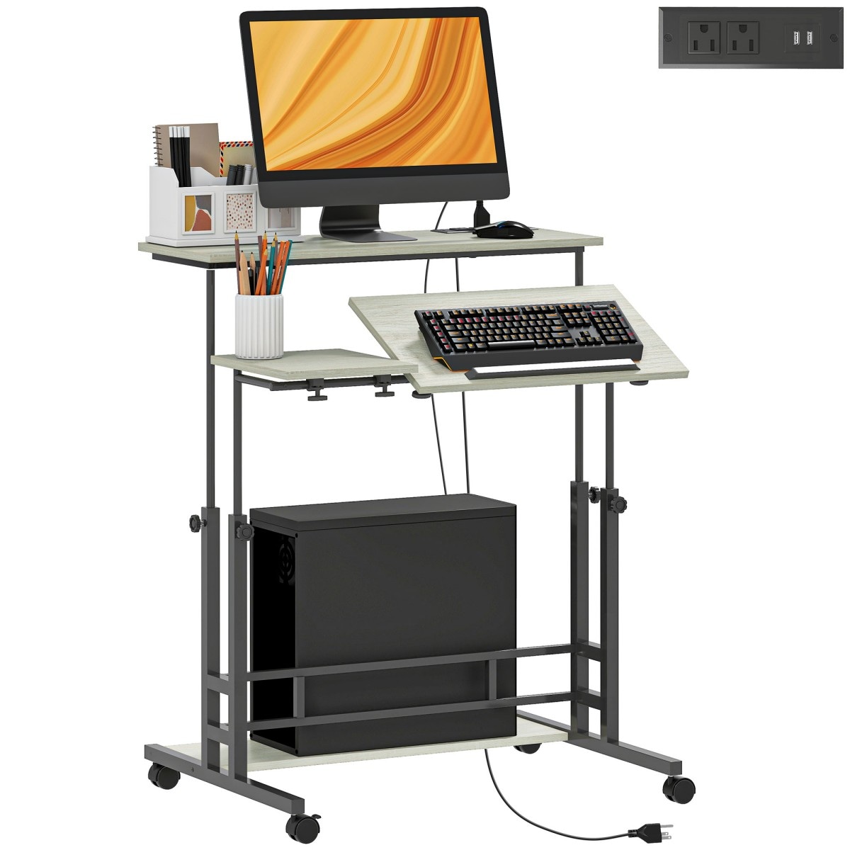 GlasFlength  37.4 Inch Storage Cabinets Computer Cabinet Office Storage Adjustable Standing Desk with Power Outlets Tiltable Tabletop Wheels for Home Office Brown