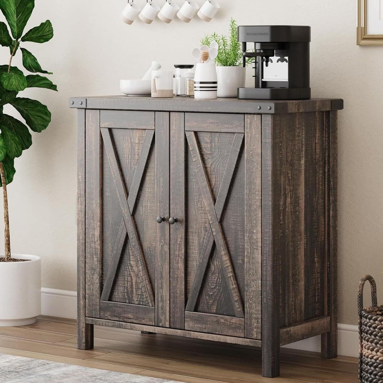 GAOMON Farmhouse sideboard storage cabinet with barn doors and adjustable shelves for kitchen organizer and coffee bar living room entryway