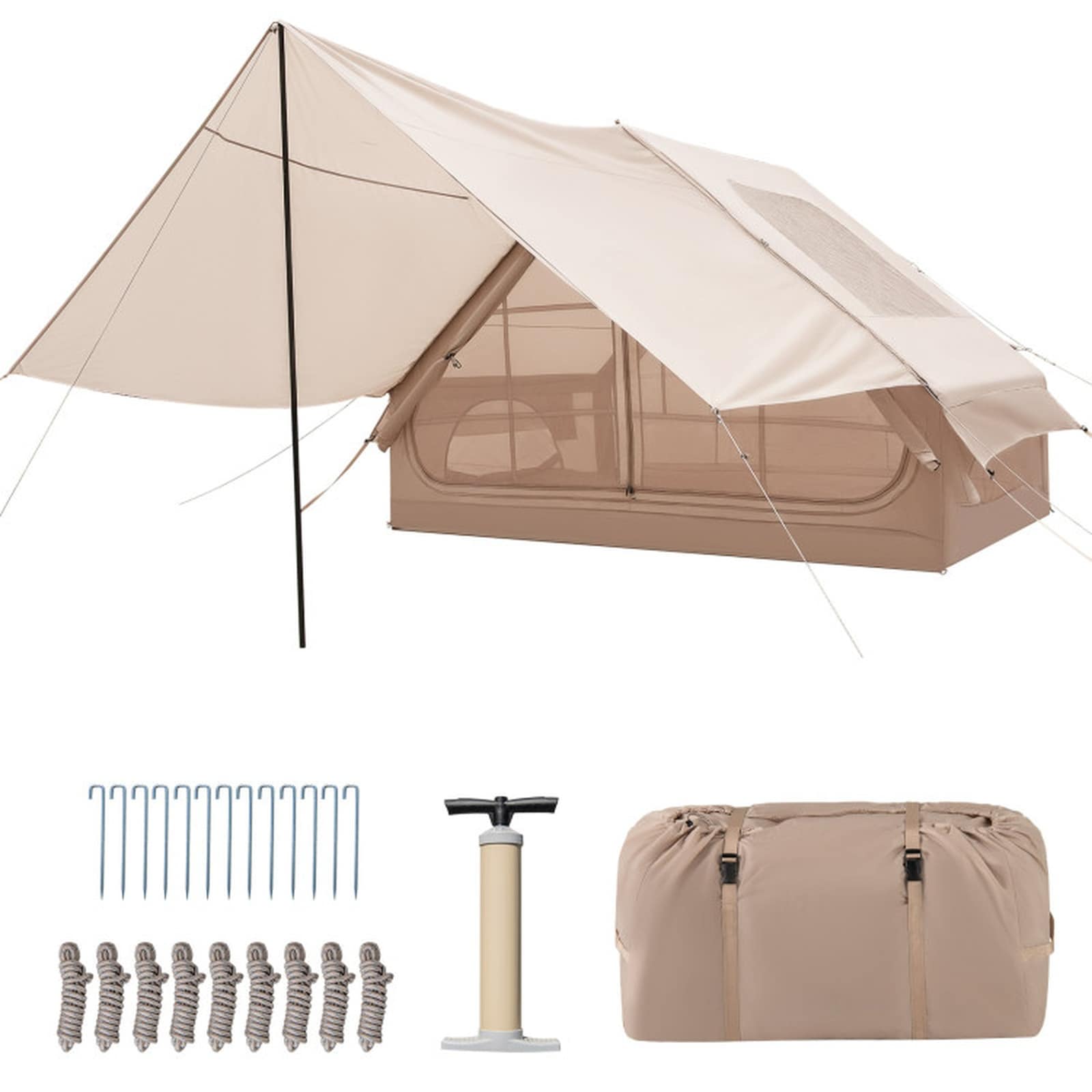 SUGIFT 4-to-6 Person Inflatable Camping Tent with Removable Porch 300D Oxford 3000mm Waterproof 68-sq ft Interior 13 Ground Stakes Carry Bag - Beige