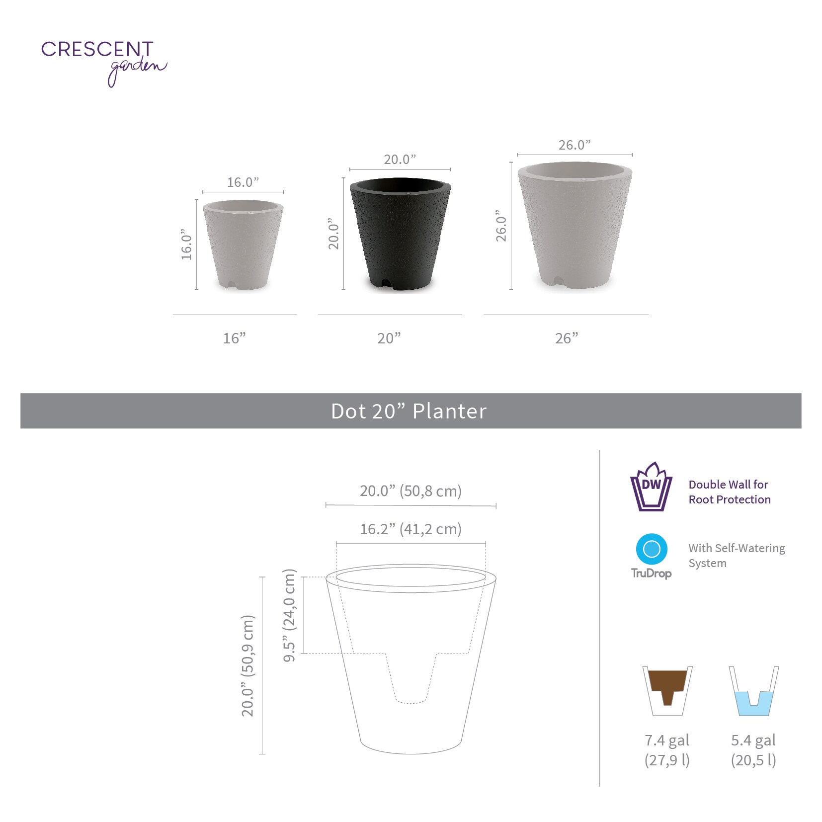 crescent garden self-watering planters