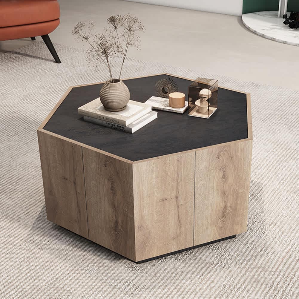 WhizMax LWAM-PHO-12UQK4J5 Hexagonal Wooden Coffee End Table-Textured Black Oak Particle Board Retro Farmhouse Desktop Center Table with 2 Drawers Light Side Table for Living Room-Office