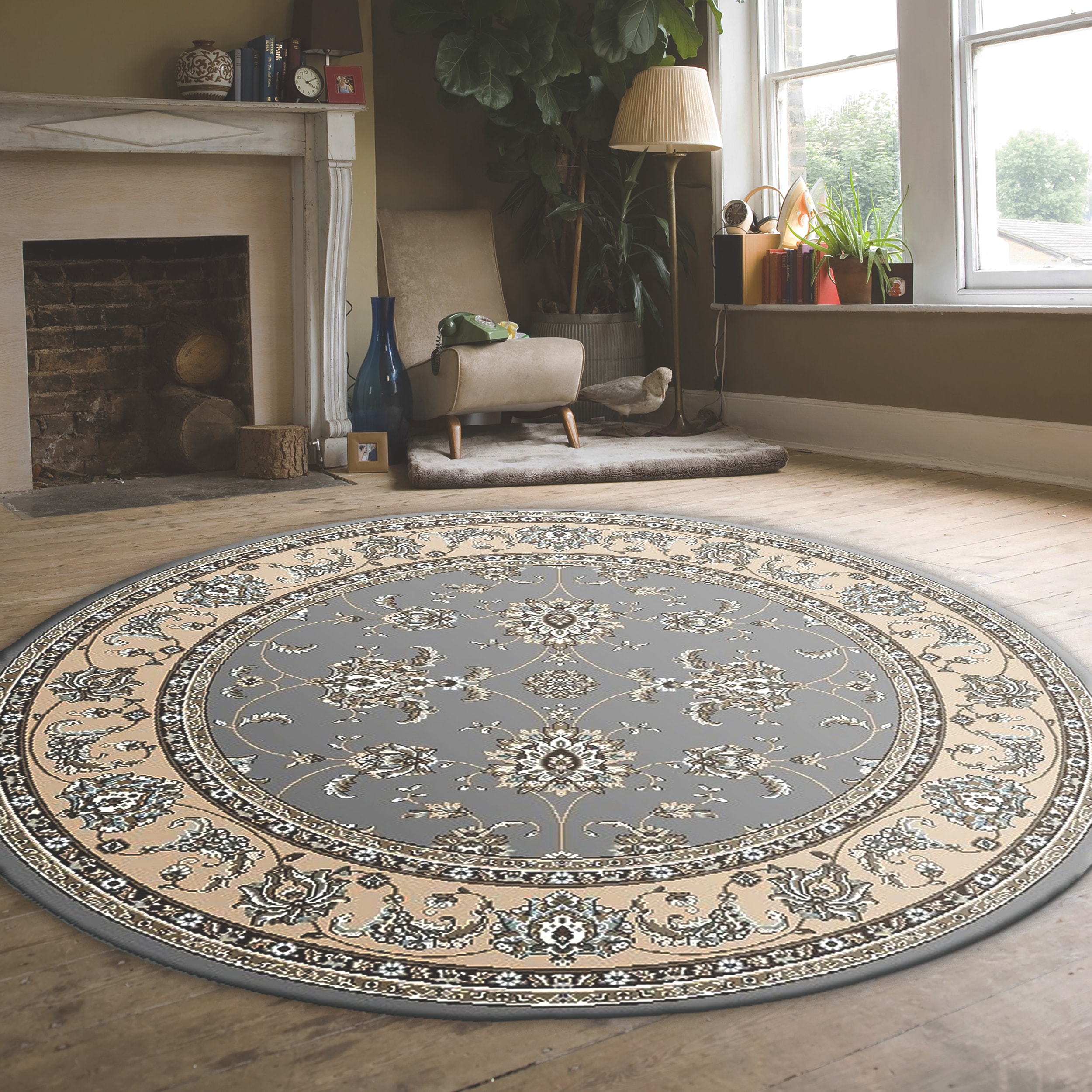 Radici USA 1780/0035/GREY Pisa 8 x 8 (ft) Polypropylene Gray Round Indoor Floral/Botanical Oriental Area rug