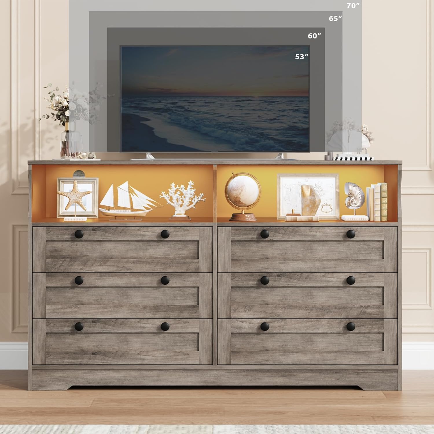 WhizMax LDYLSPHO-33JV8D6K Modern Rustic Antique Light 6 Drawer Dresser With Power Outlet Usb Charging Ports Multi Color LED Light Scratch Resistant MDF Anti Tip Safety Spacious Storage For Bedroom Living Room Entryway
