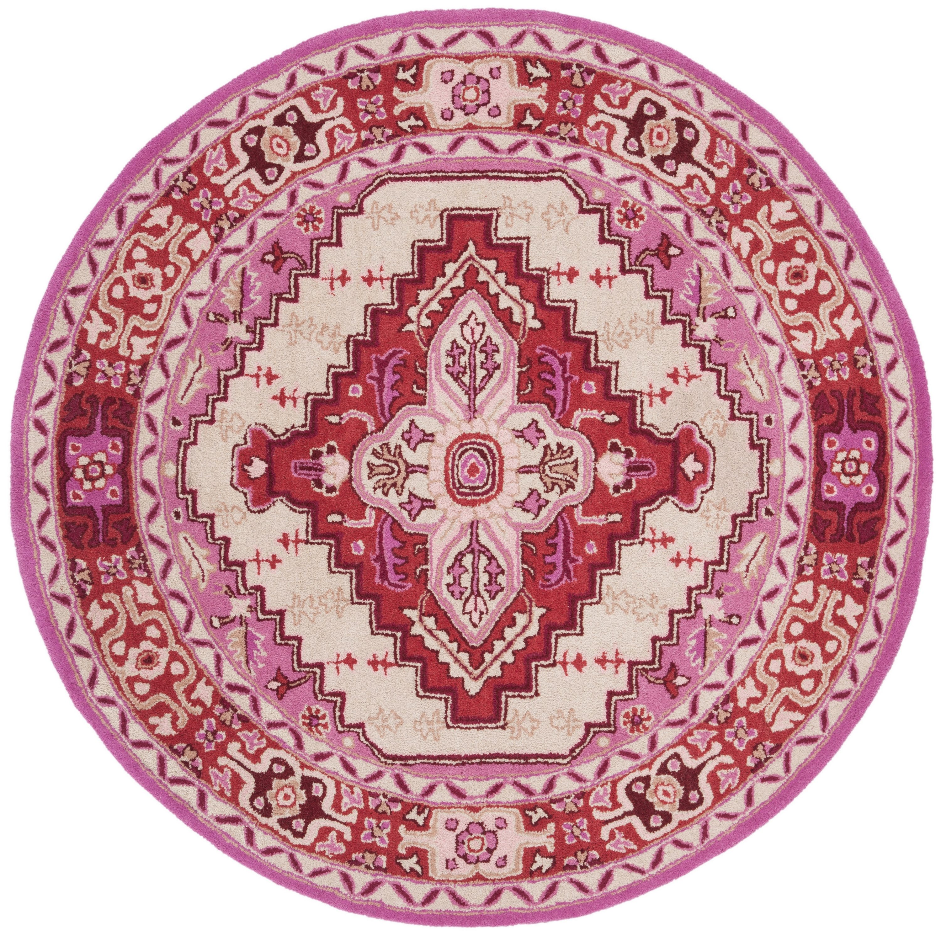 Safavieh BLG545A-5R Bellagio Burgos 5 x 5 (ft) Tufted Wool Red Pink/Ivory Round Indoor Floral/Botanical Bohemian/Eclectic Area rug