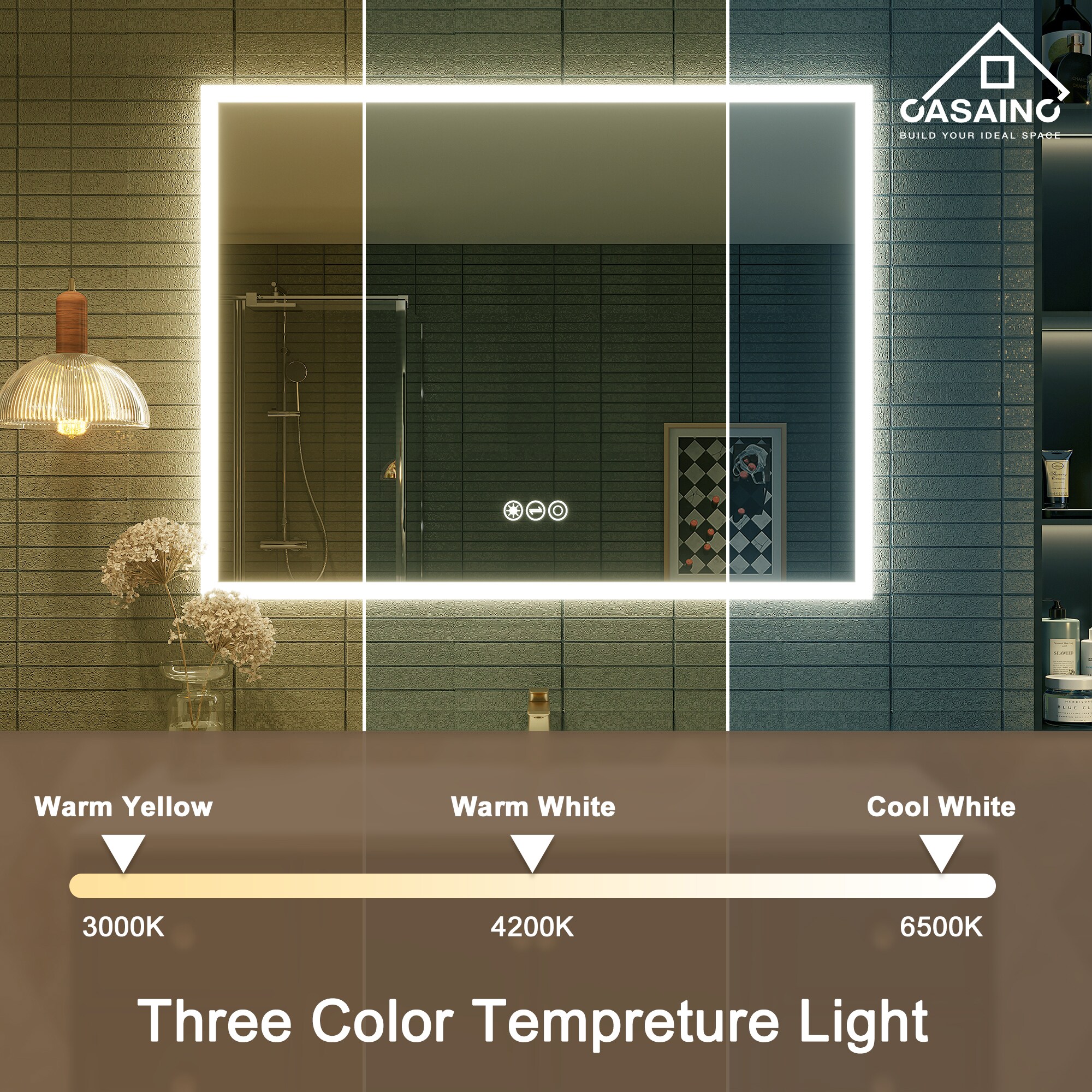 CASAINC Frameless LED bathroom mirror 48-in x 36-in Dimmable Lighted ...