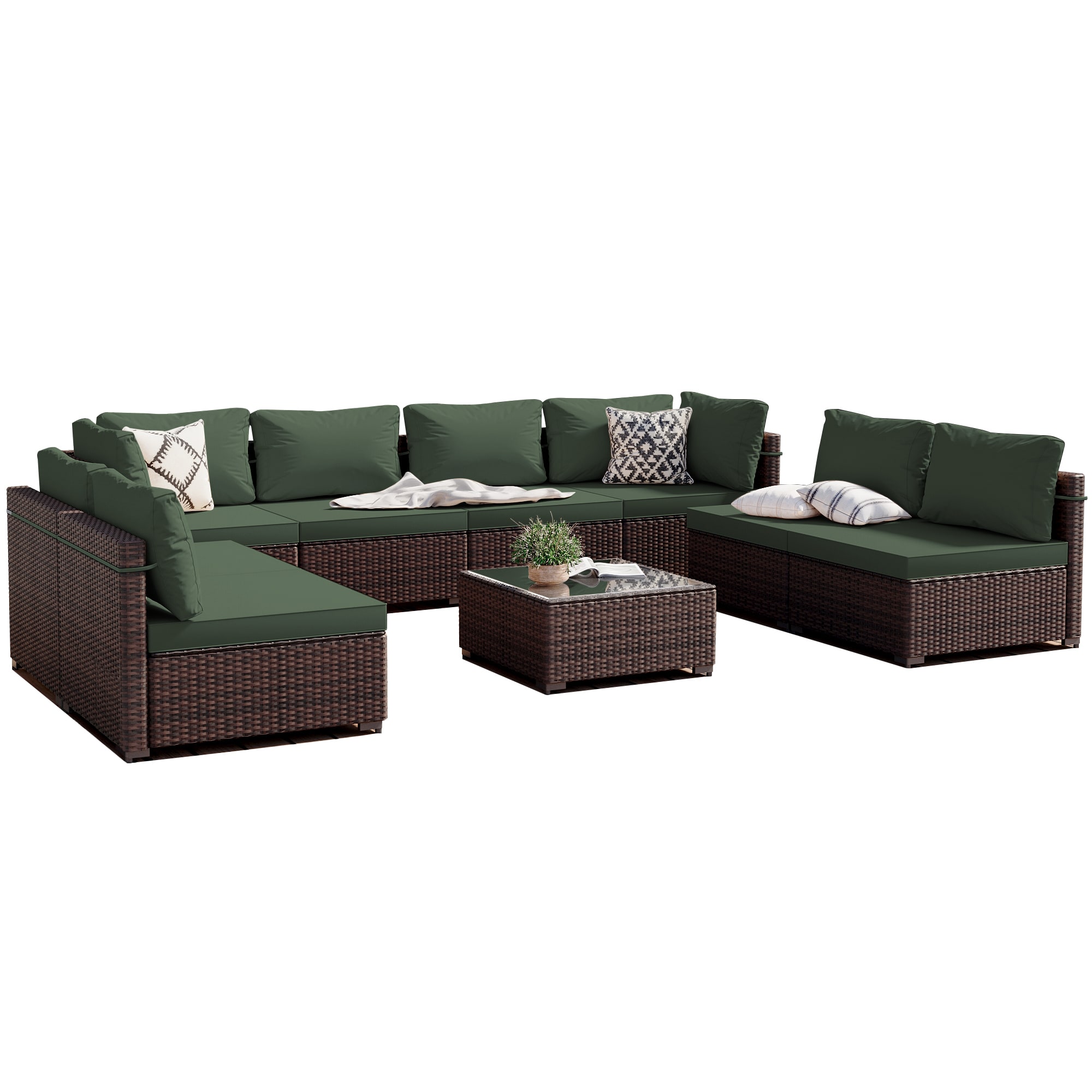 Patio Watcher RT-OD9-B-BEIGE 9 -Piece Rattan Patio Conversation Set with Green Cushions