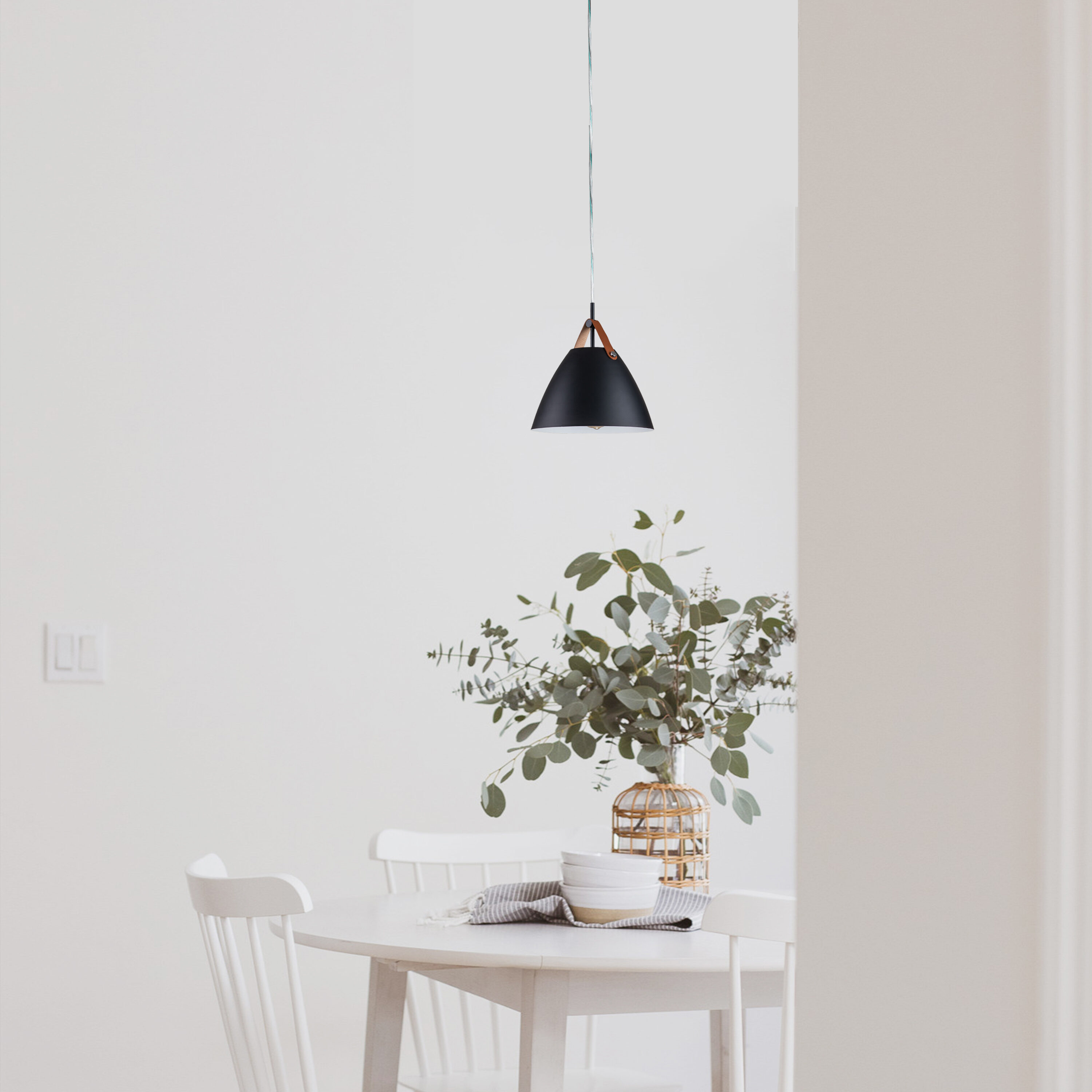 Modern 10.75" Black Aluminum Dome Pendant with Leather Strap