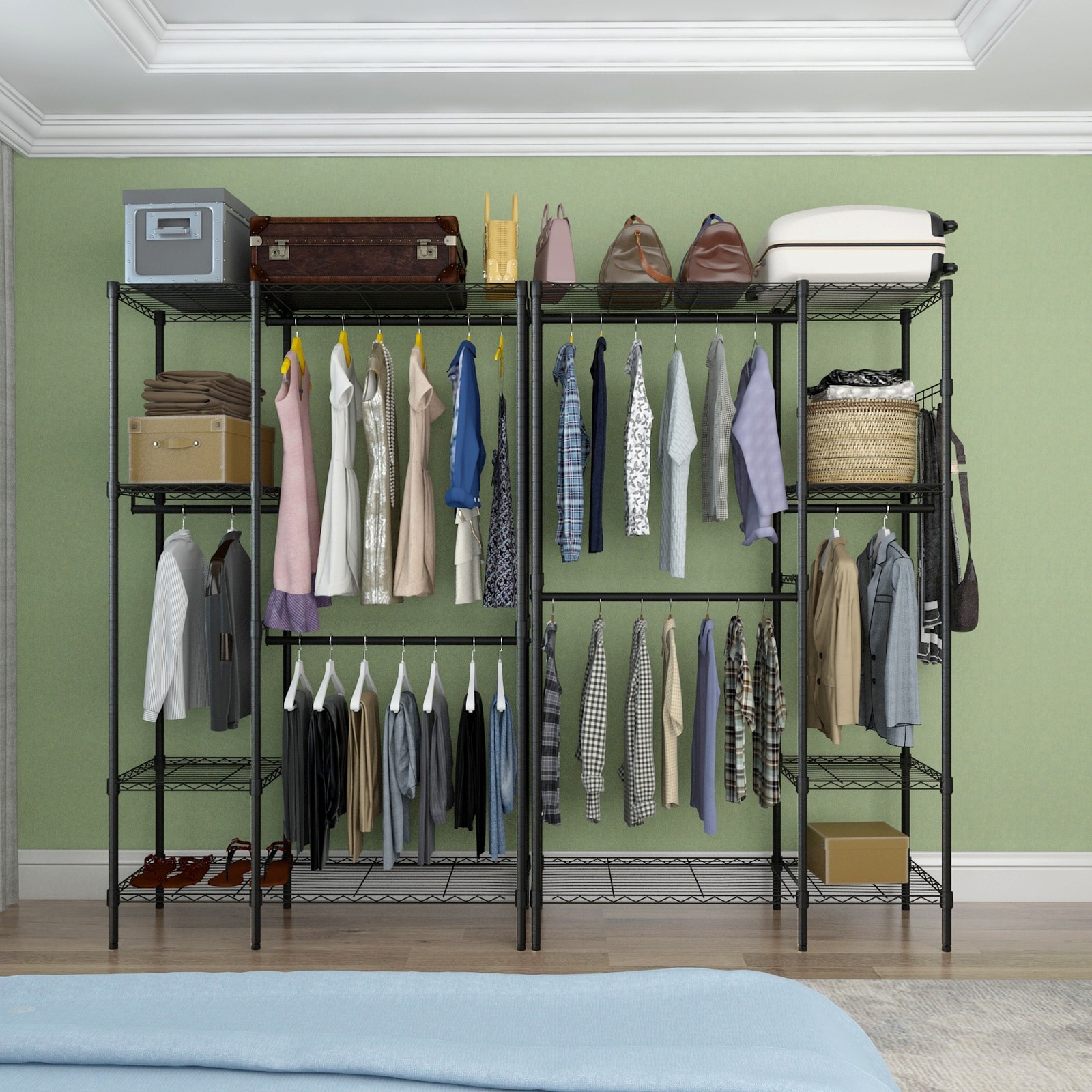 Bestcore 90.55-in Wide Metal Clothes Rack with 12 Shelves and 6 Hanging ...
