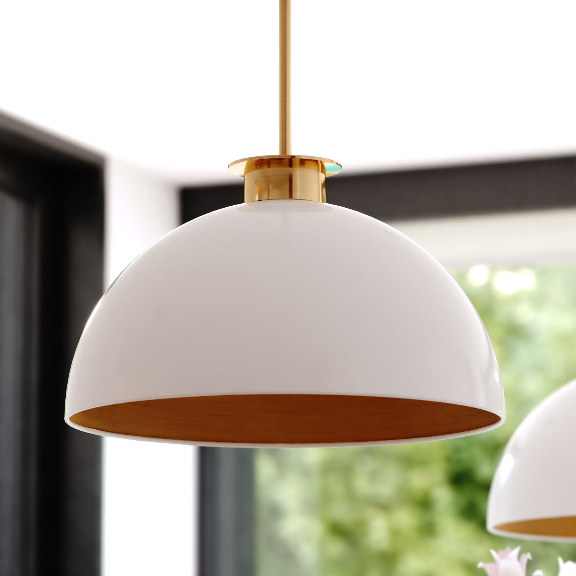 Cascadia P0411 Devon 1 -Light Glossy White and Satin Brass Mid-century Dome Medium Hanging Pendant light