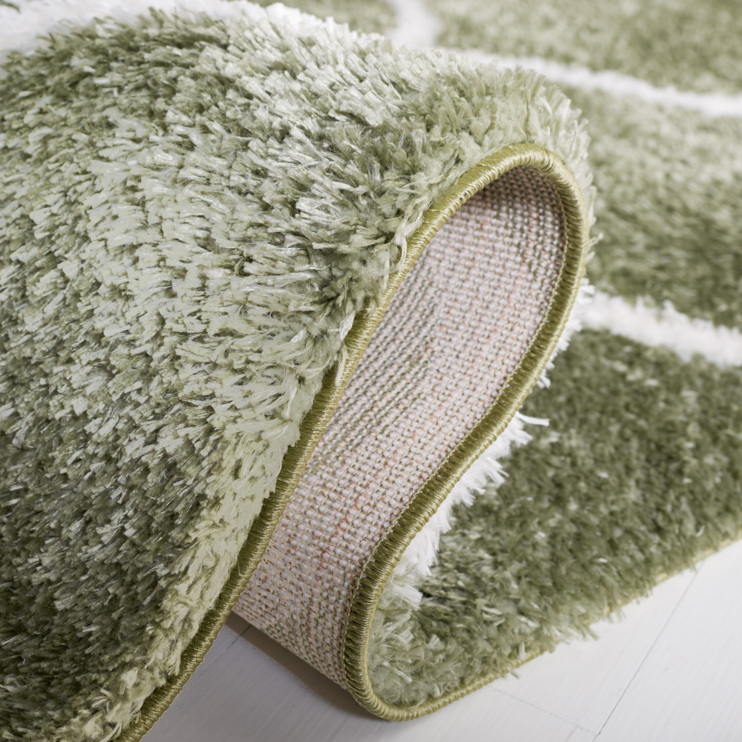 Sage and White Geometric Shag Runner Rug 2' x 9'