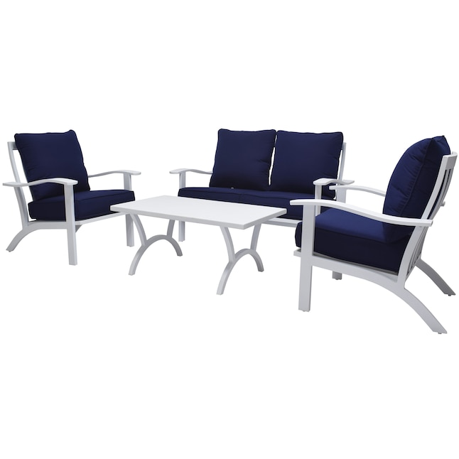 allen + roth Marsh Cove 4-Piece Patio Conversation Set with Blue Cushions